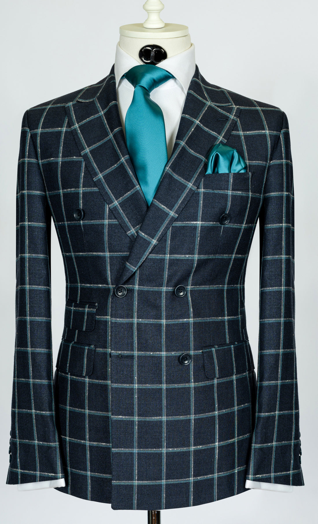 Vitale Barberis - Navy blue with turquoise windowpane double breasted 2-piece slim fit suit