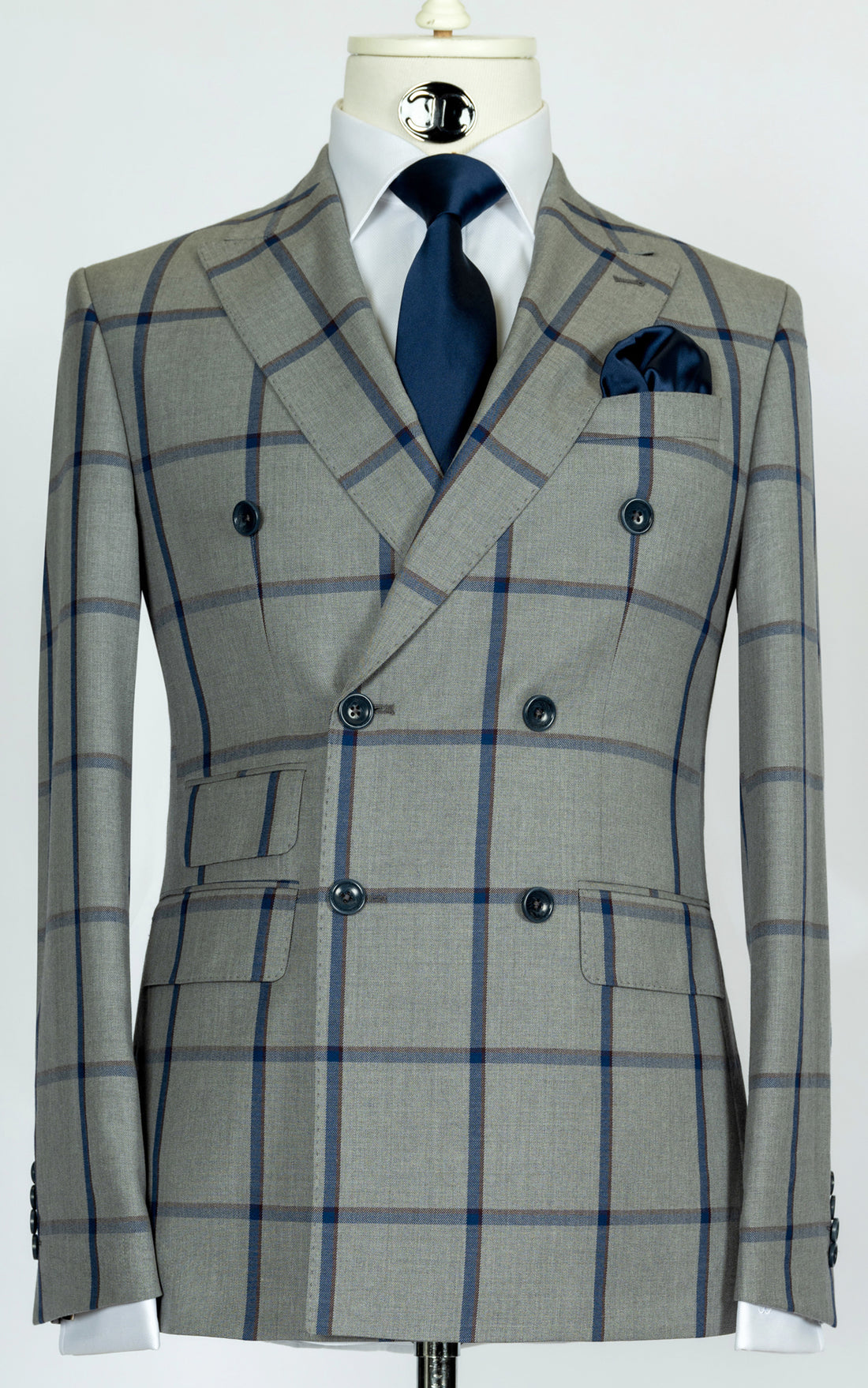 Tollegno - Grey with blue and burgundy windowpane double breasted 2-piece slim fit suit