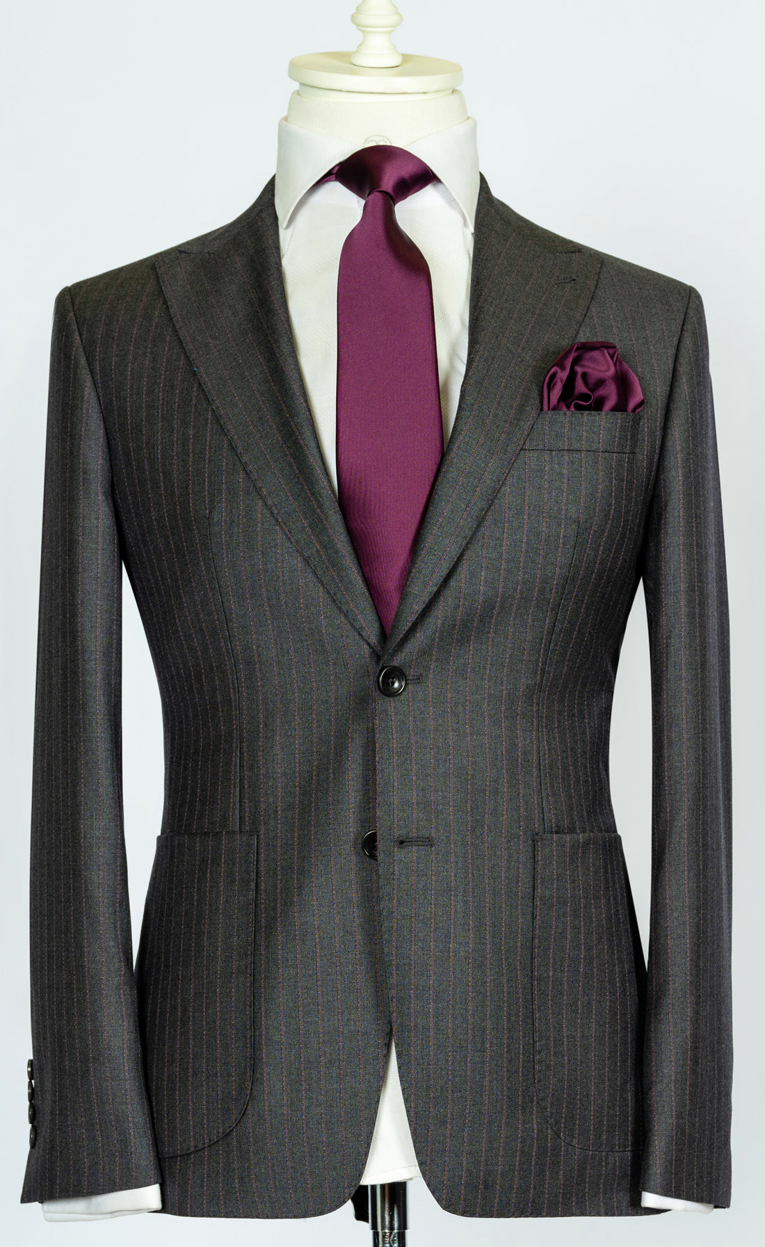 Vitale Barberis - Mid grey with fuchsia pinstripes 2-piece slim fit suit with patch pockets