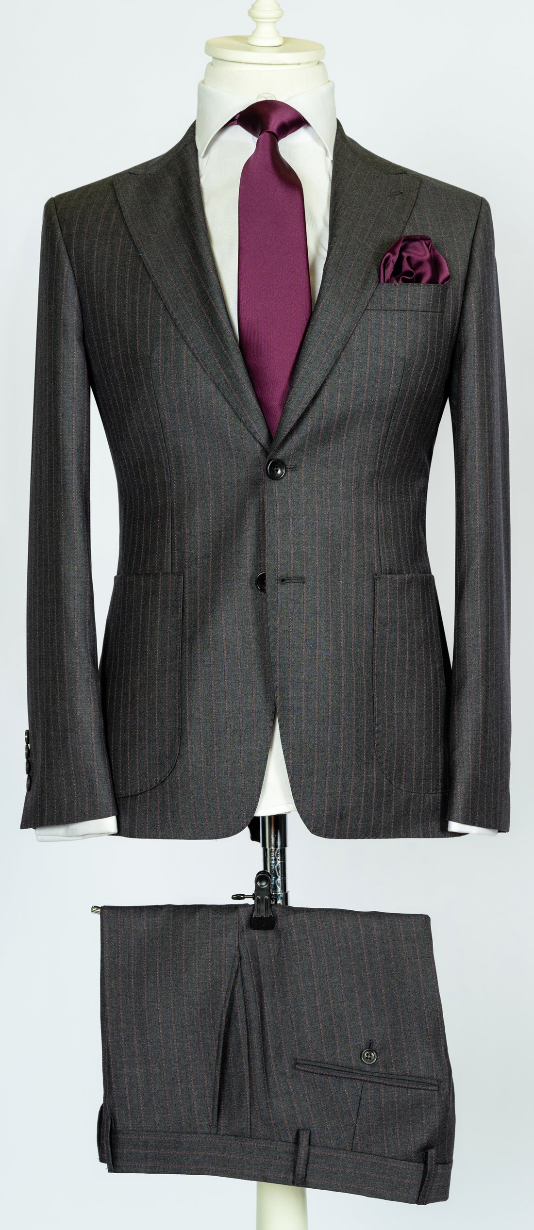 Vitale Barberis - Mid grey with fuchsia pinstripes 2-piece slim fit suit with patch pockets