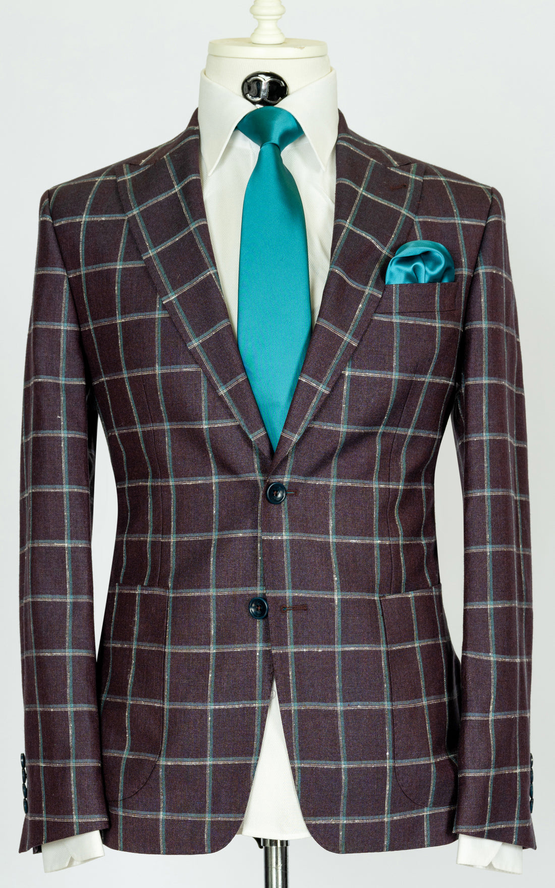 Vitale Barberis - Plum purple with turquoise and grey windowpane 2-piece slim fit suit with patch pockets