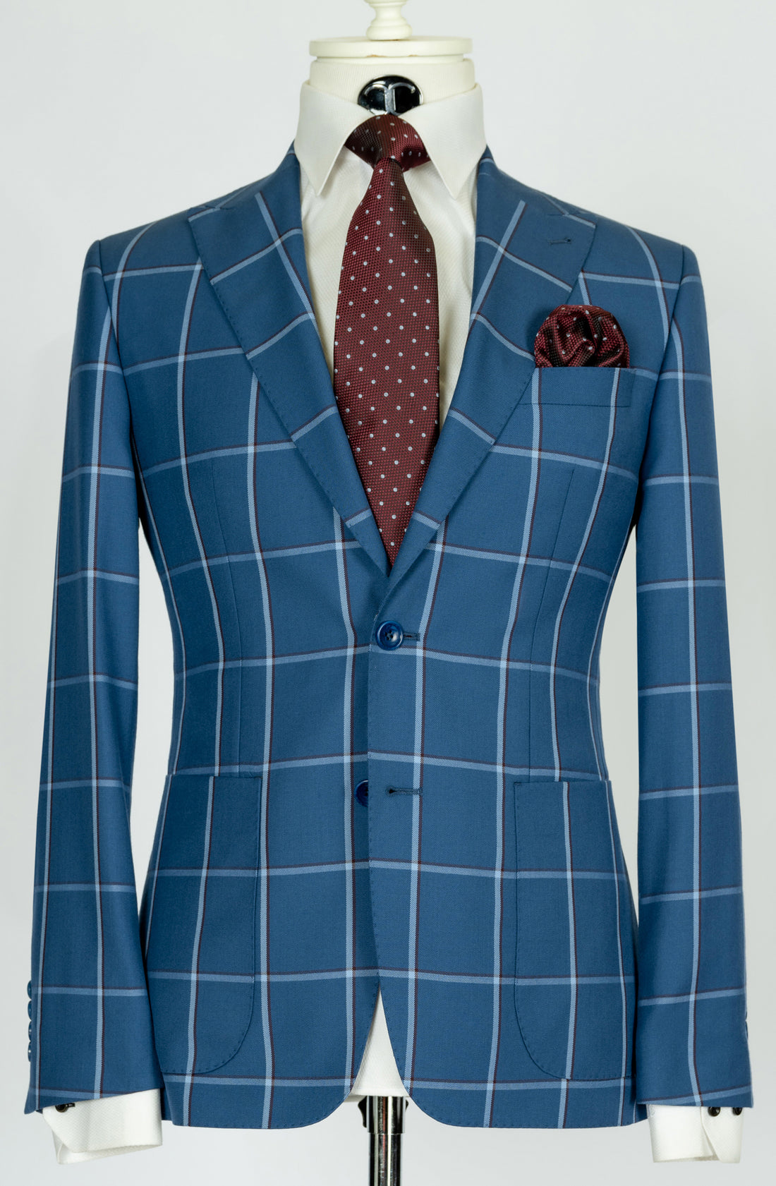 Tollegno - Blue windowpane 2-piece slim fit suit with patch pockets