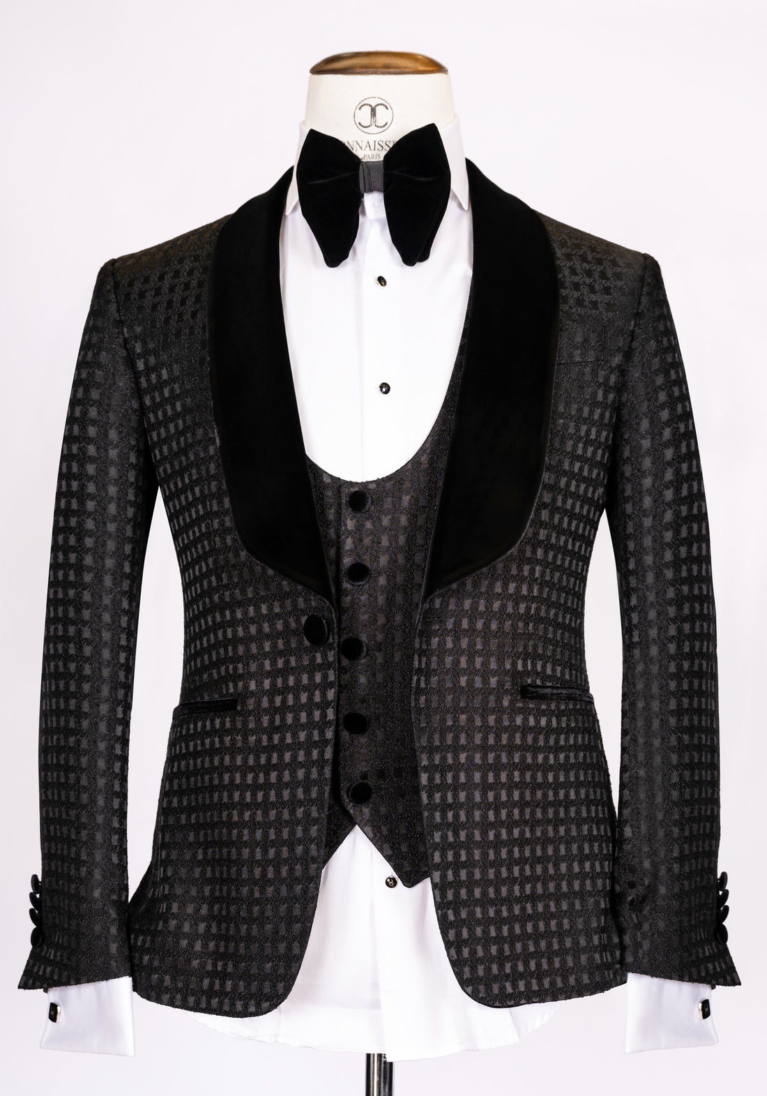 Connaisseur - Black square pattern 3-piece slim fit tuxedo with U vest