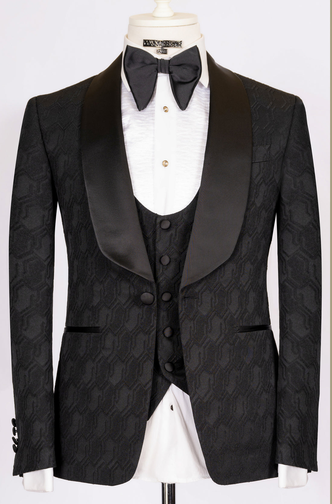 Connaisseur - Black hexagon pattern 3-piece slim fit tuxedo with U vest