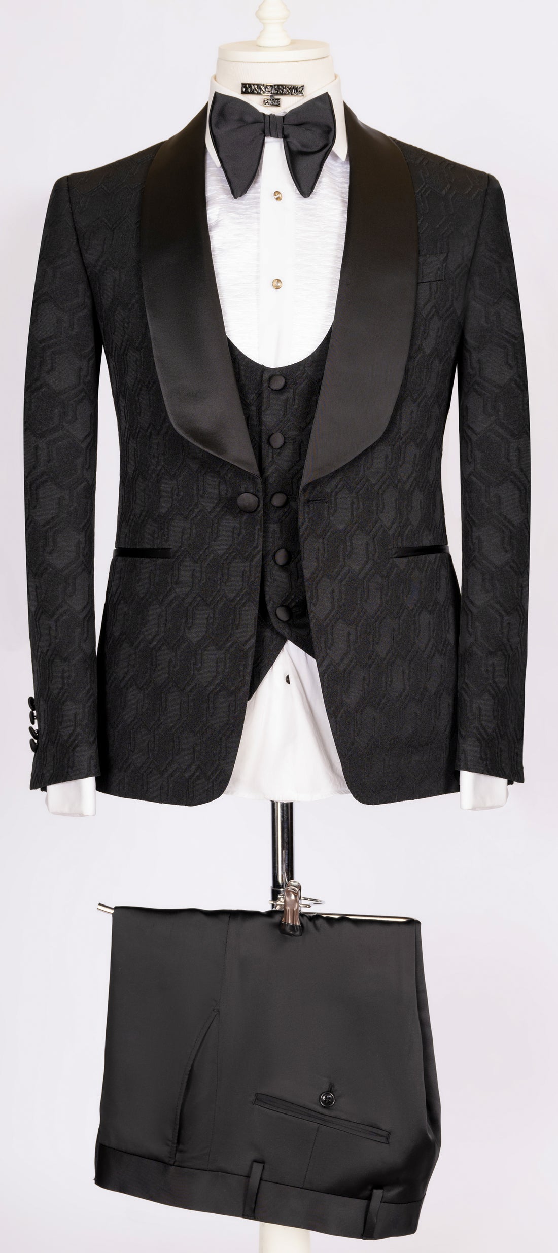 Connaisseur - Black hexagon pattern 3-piece slim fit tuxedo with U vest