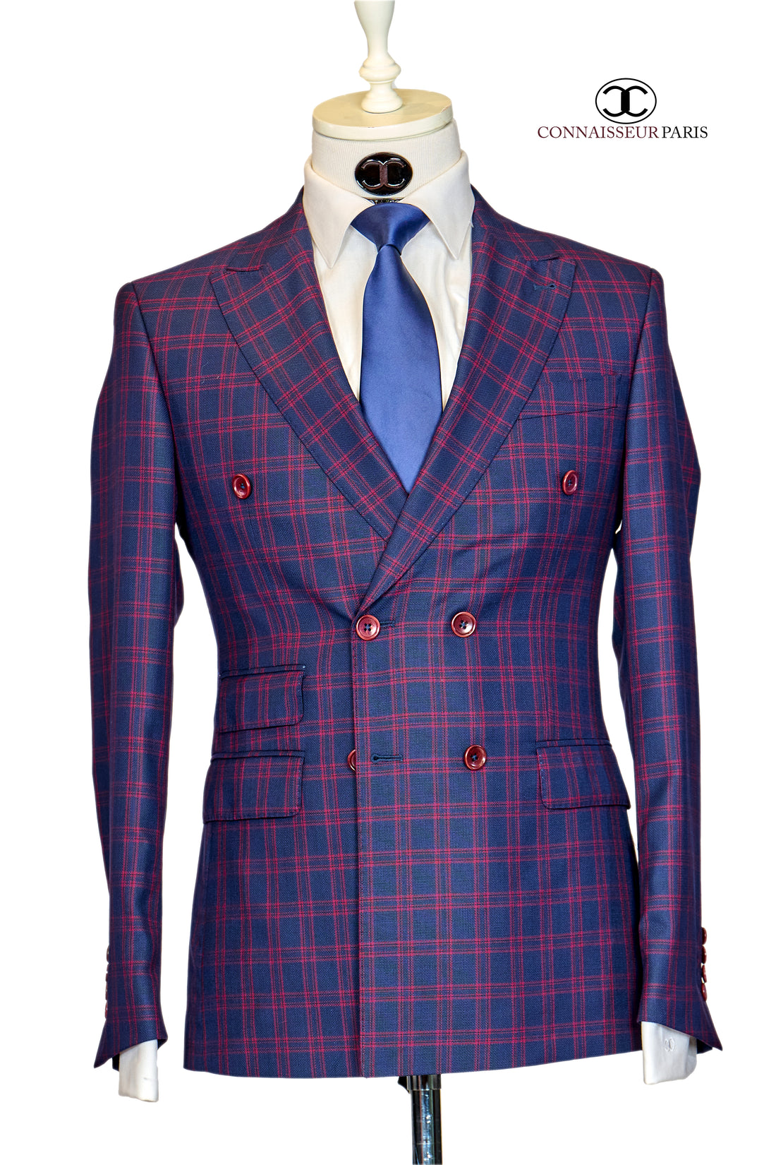 Vitale Barberis - Navy blue with red plaid double breasted slim fit suit