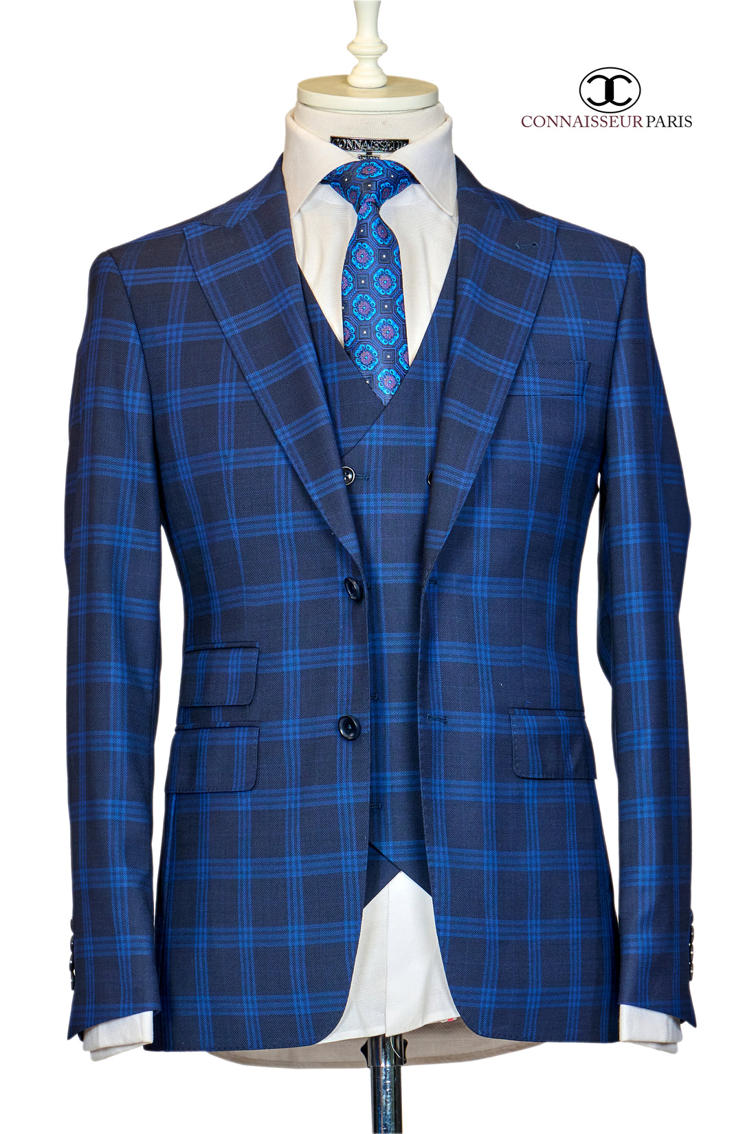 Vitale Barberis - Blue with black plaid 3-piece slim fit suit