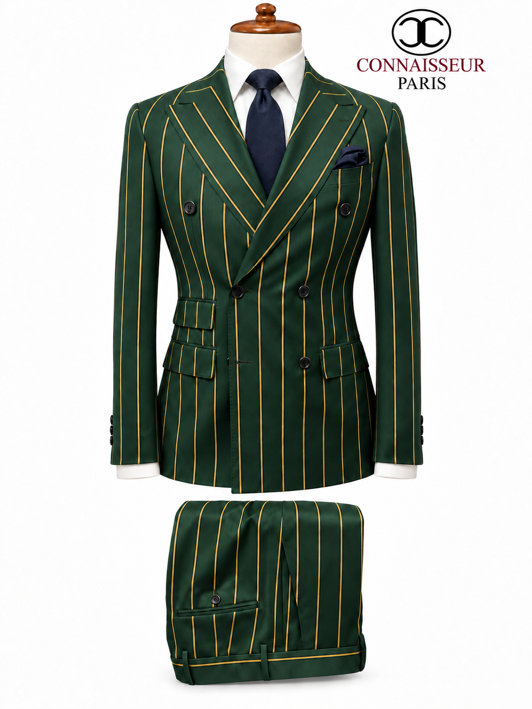 Vitale Barberis - Dark Green with yellow stripe Double Breasted Slim Fit 2-Piece Suit with wide lapel