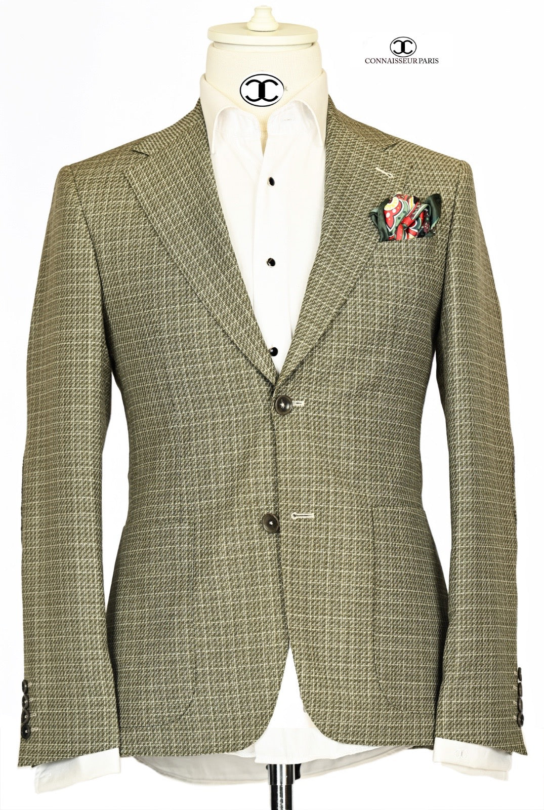 Lanificio Connaisseur - Lemon green with grey tweed pattern slim fit blazer with patch pockets and elbow patch