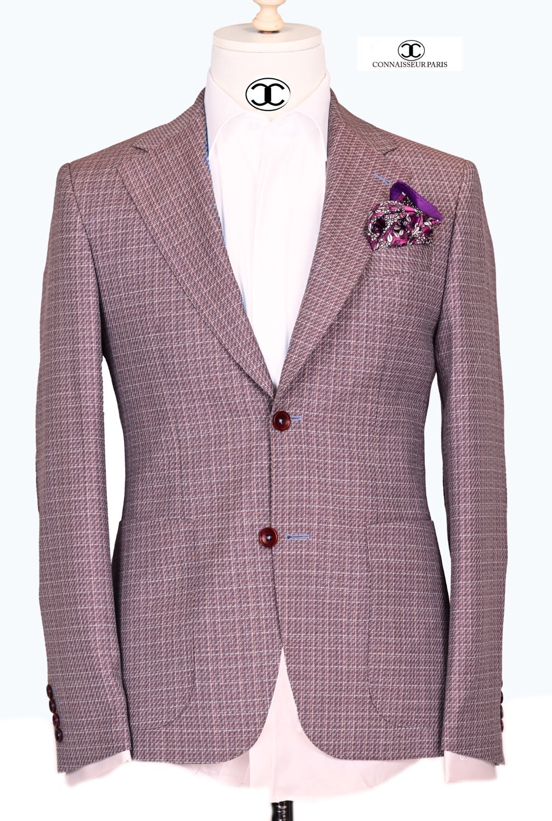 Lanificio Connaisseur - Rose with light blue and grey tweed pattern slim fit blazer with patch pockets and elbow patch