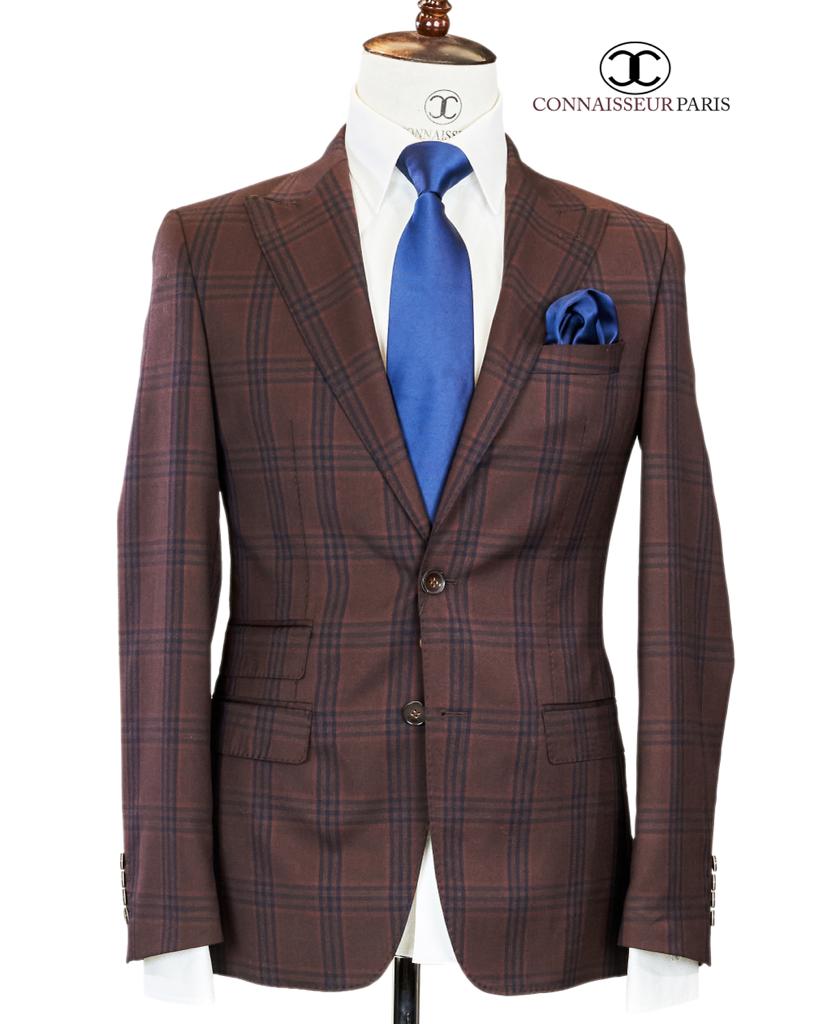 Cerruti - Dark brown with blue and orange plaid 2-piece slim fit suit