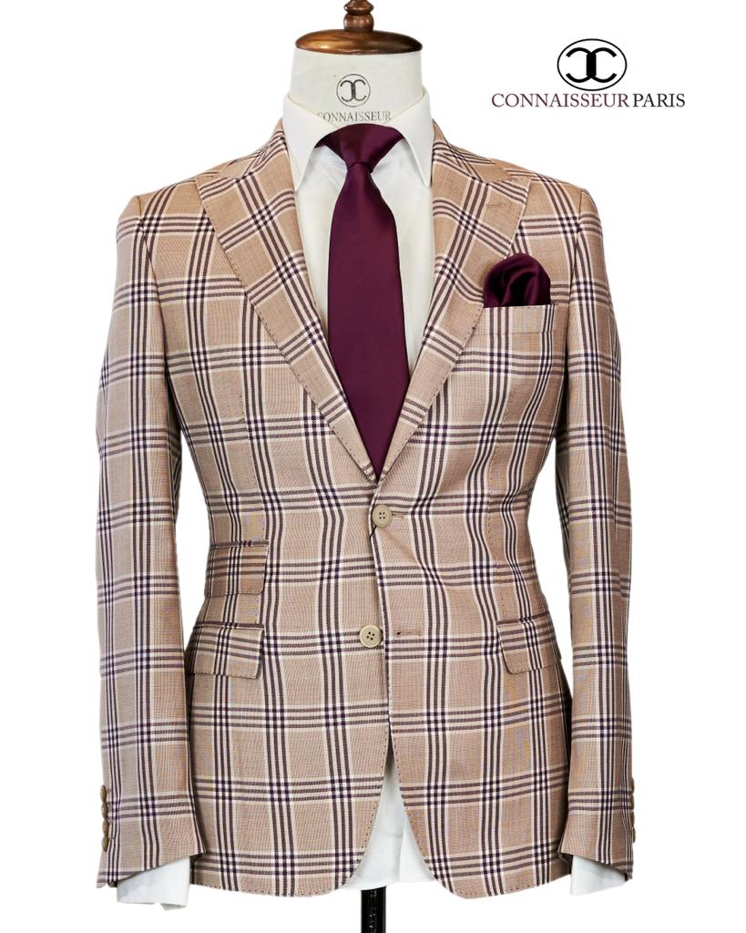 Men Purple Check Slim Fit Formal Two Piece Suit