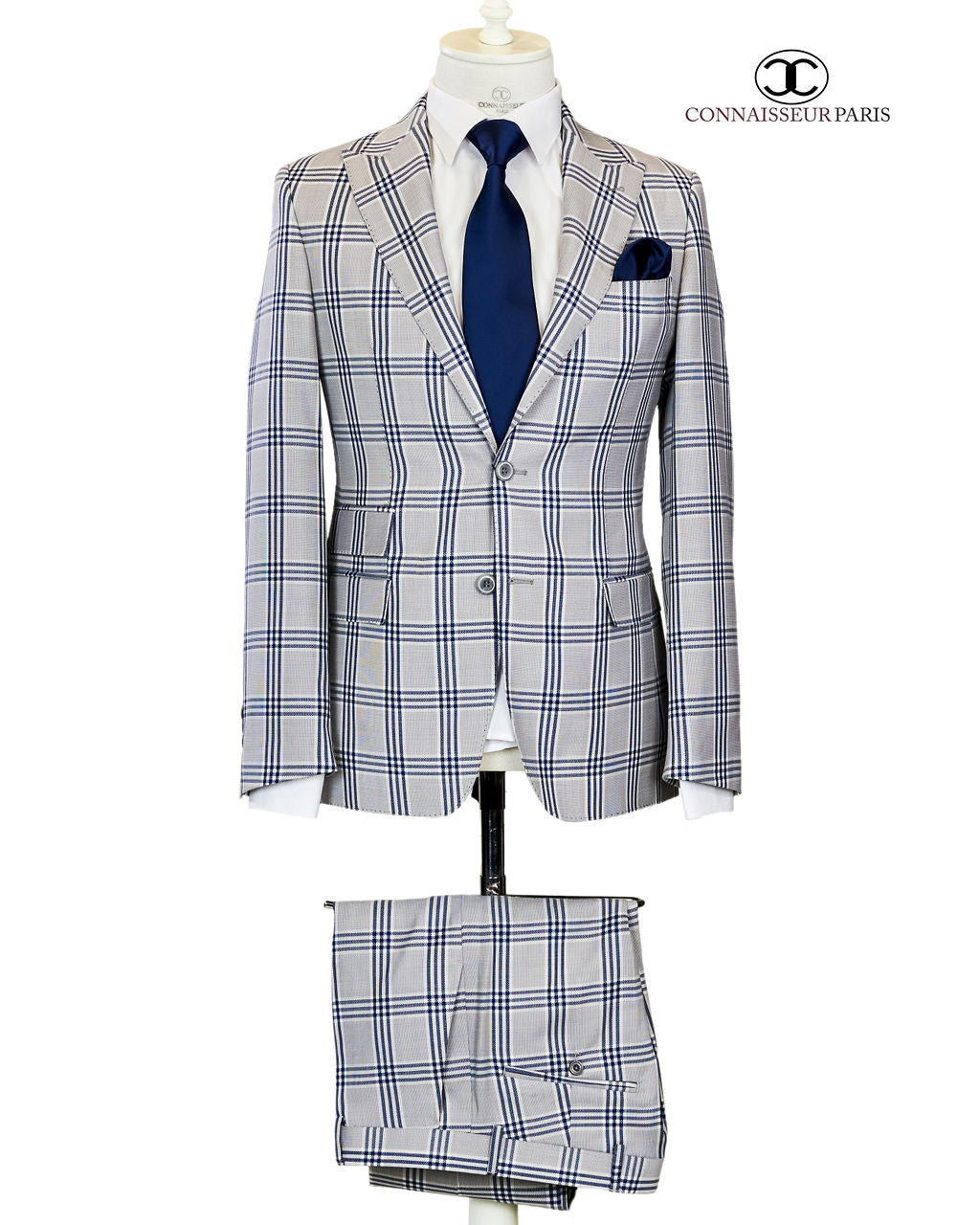 Cerruti - Light grey with navy blue plaid 2-piece slim fit suit