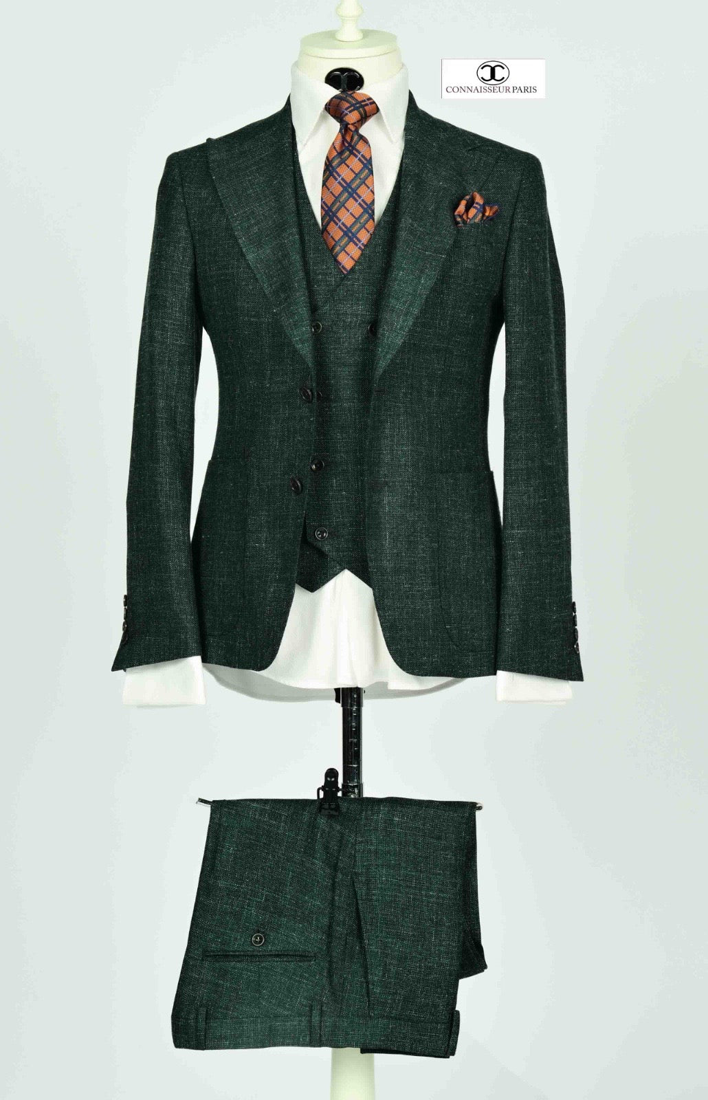Cerruti - Green luxury tweed 3-piece slim fit suit with patch pockets and double breasted vest