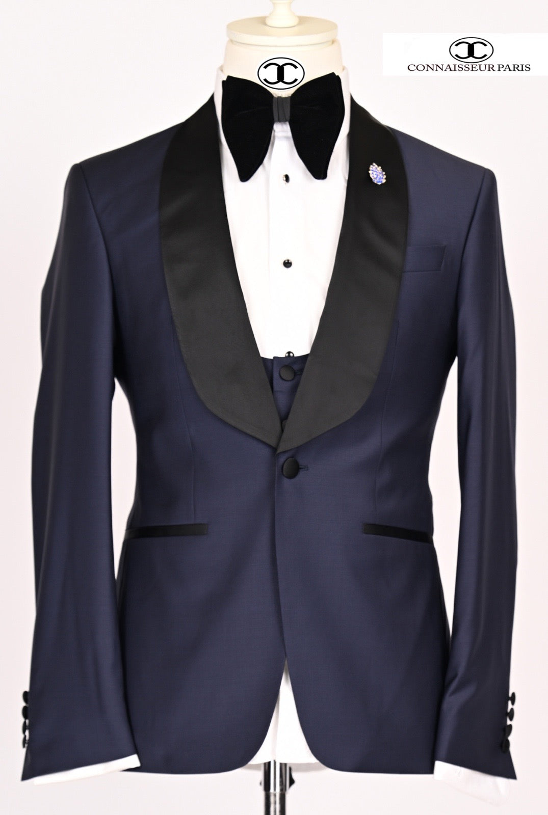 Lanificio Connaisseur  - Navy Blue Classic shawl lapel 3-piece sim fit tuxedo with U vest