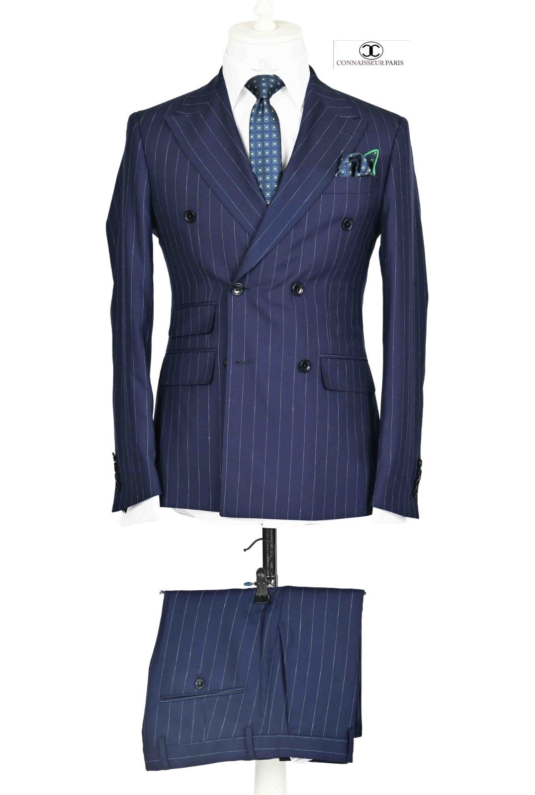 Vitale Barberis - Navy Blue with Turquoise pinstriped double breasted slim fit 2-piece suit with wide lapel