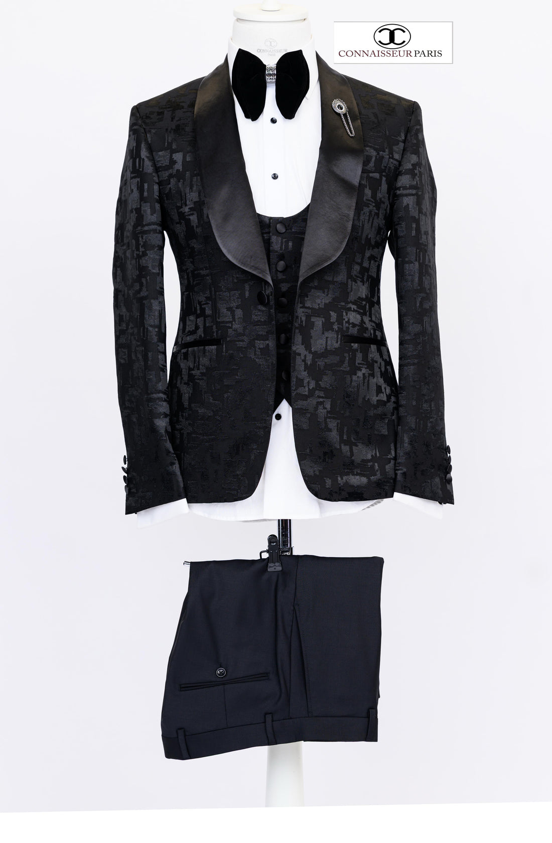 Connaisseur - Black jacquard pattern 3-piece slim fit tuxedo with U vest