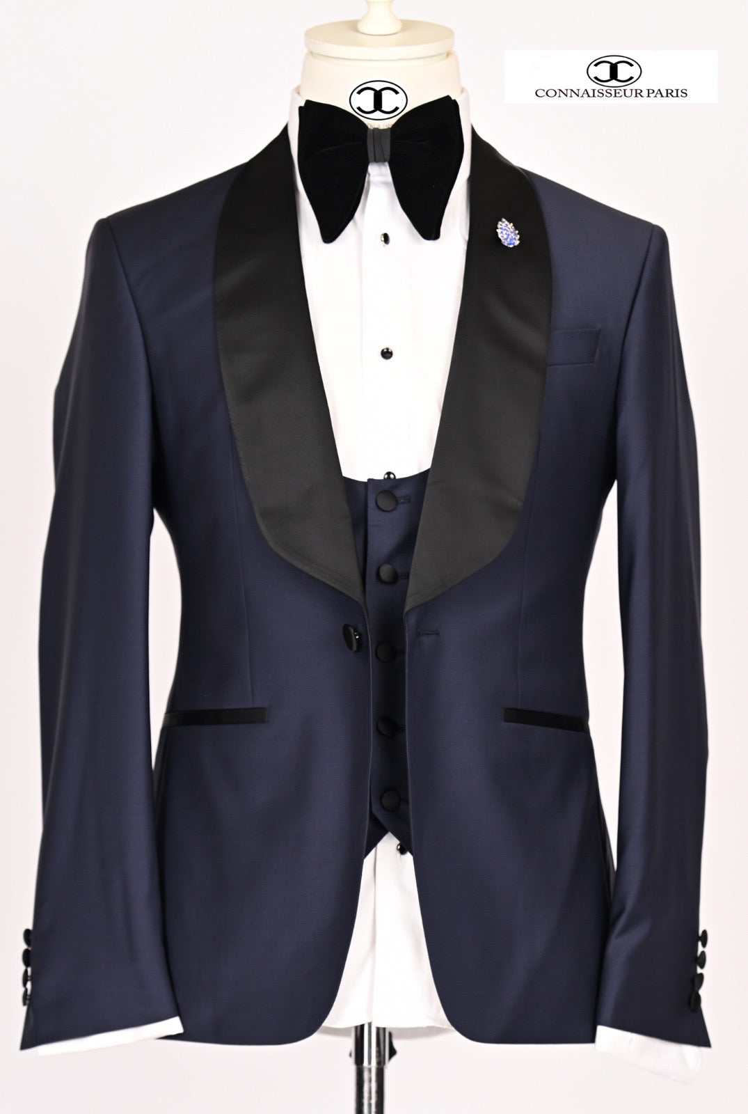Lanificio Connaisseur  - Navy Blue Classic shawl lapel 3-piece sim fit tuxedo with U vest