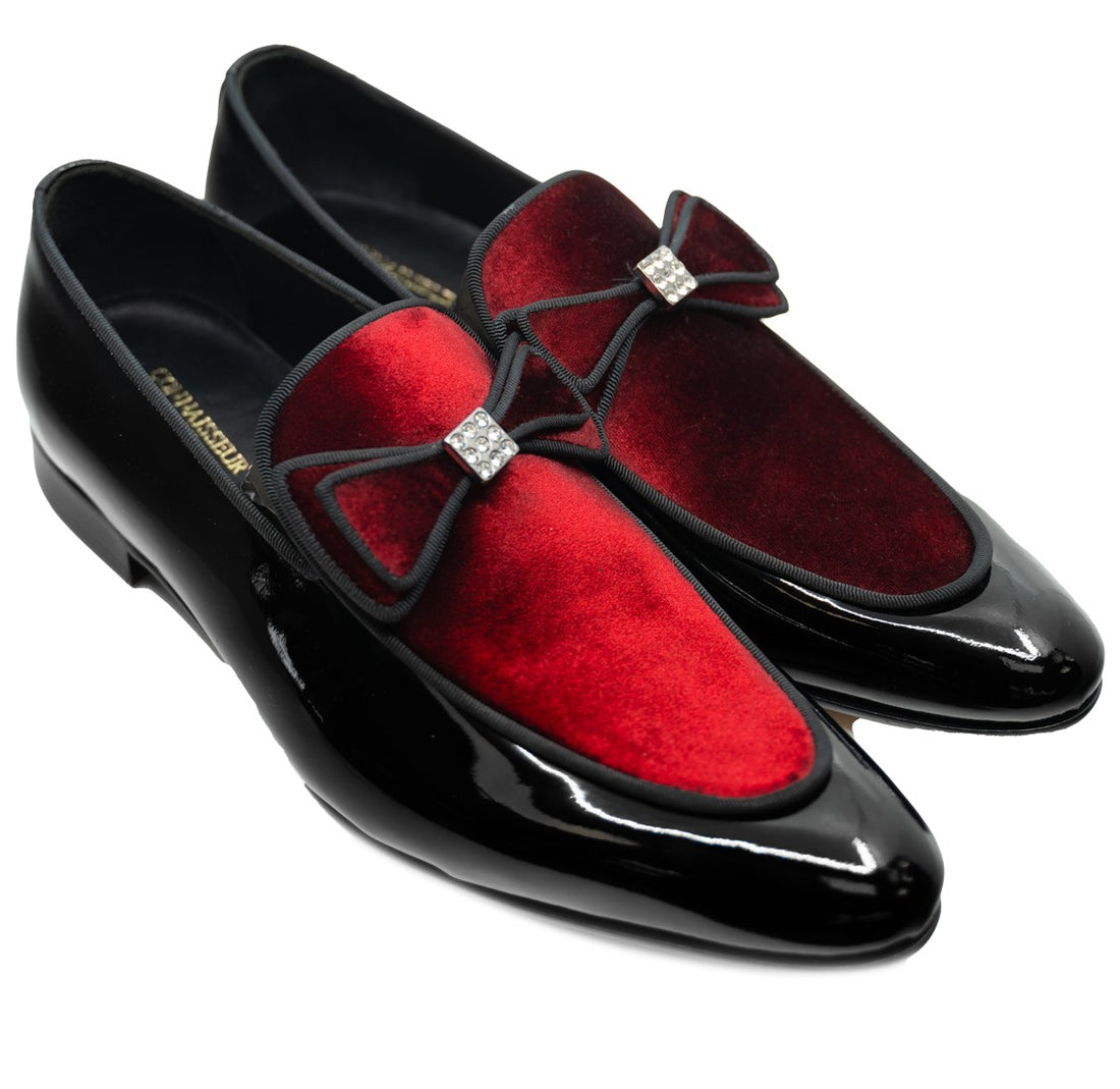 Connaisseur - Black patent leather with burgundy velvet upper and bow tie detail on instep dress loafer