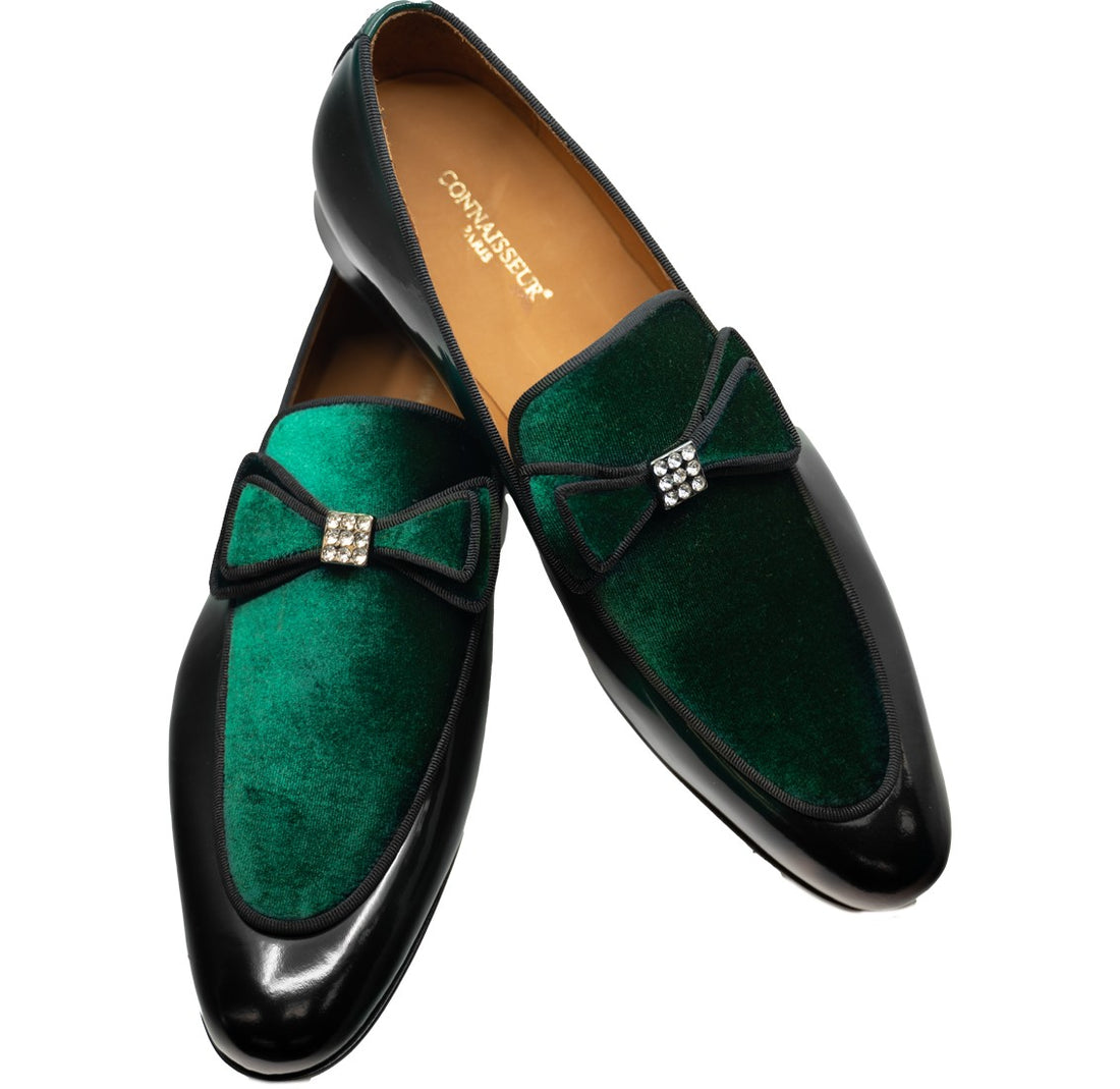 Connaisseur - Green patent leather with green velvet upper and bow tie detail on instep dress loafer