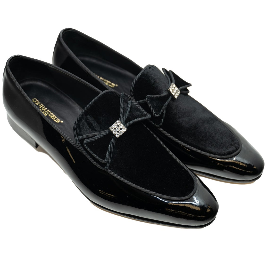 Connaisseur - Black patent leather with black velvet upper and bow tie detail on instep dress loafer
