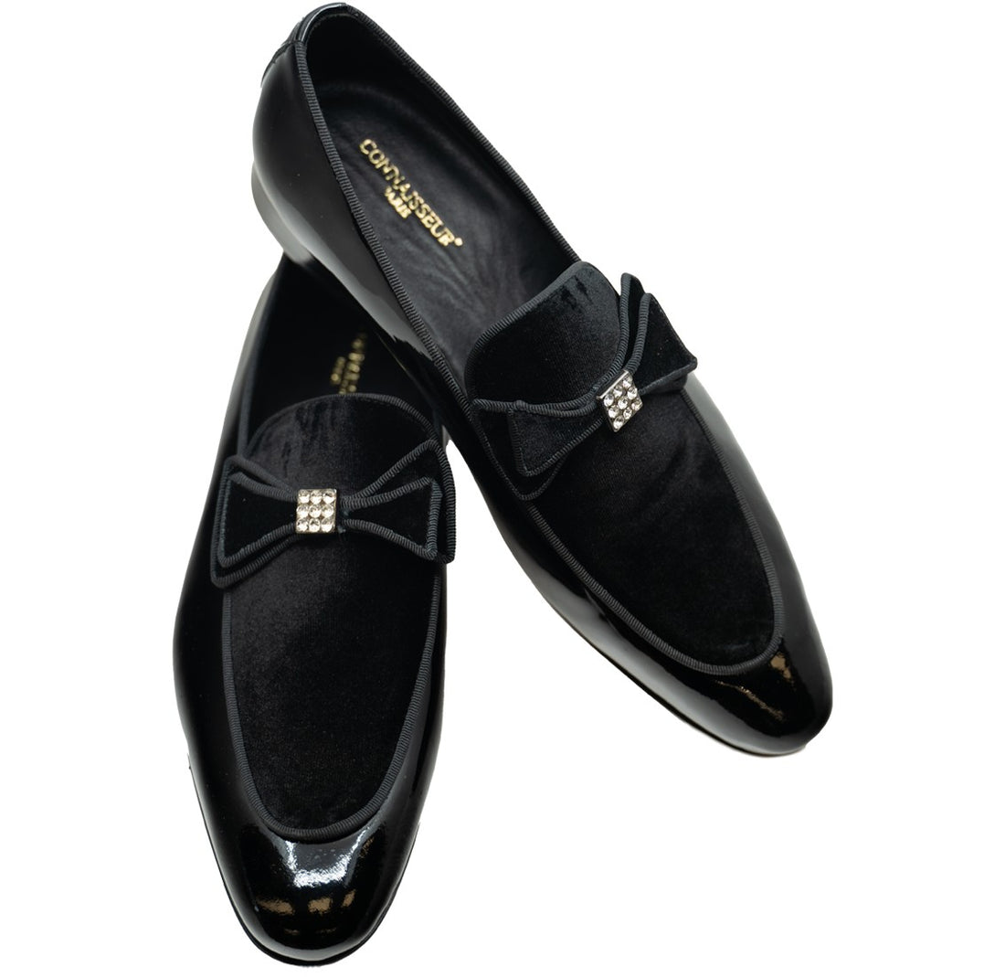 Connaisseur - Black patent leather with black velvet upper and bow tie detail on instep dress loafer