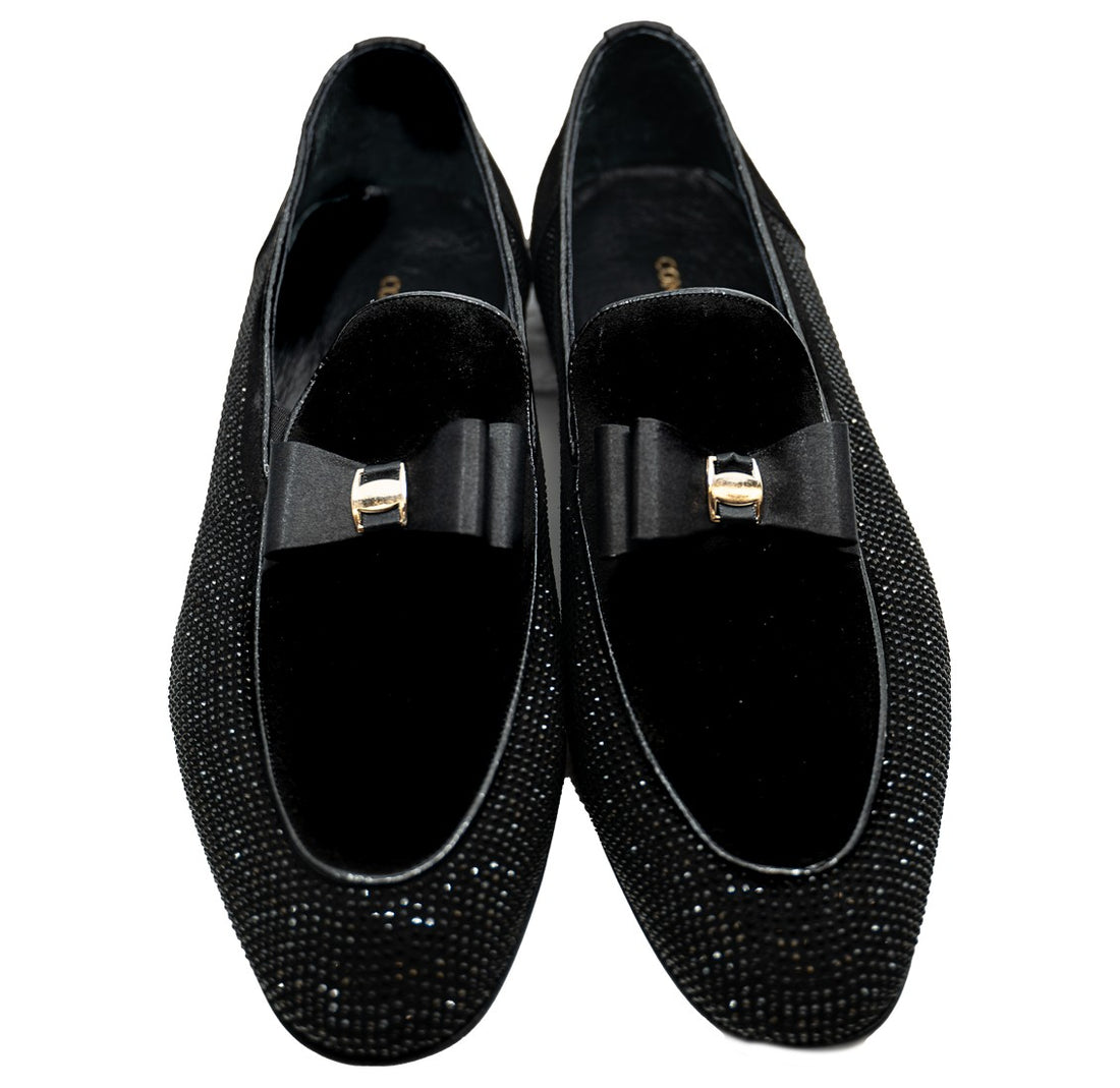 Connaisseur - Black velvet loafer with stones and bow tie detail on instep