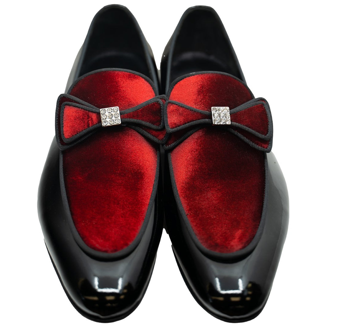 Connaisseur - Black patent leather with burgundy velvet upper and bow tie detail on instep dress loafer