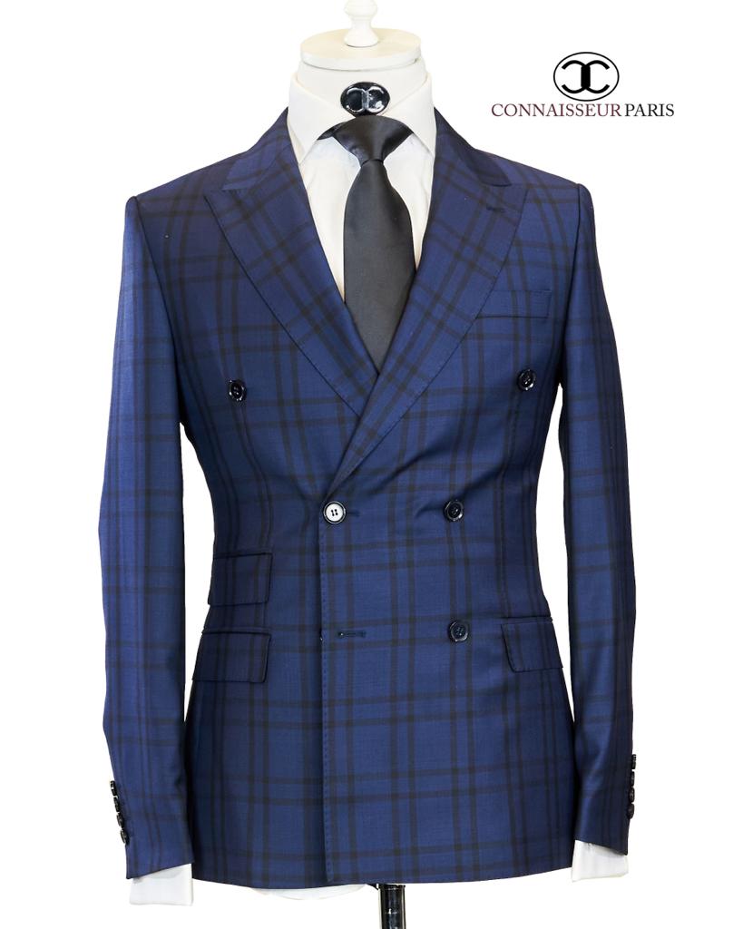 Vitale Barberis - Navy blue with black plaid double breasted 2-piece slim fit suit