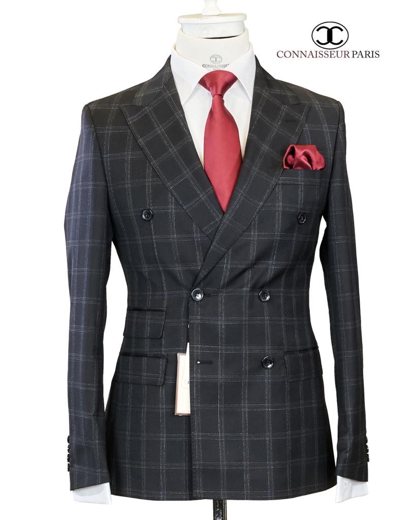 Vitale Barberis - Black with grey plaid double breasted 2-piece slim fit suit