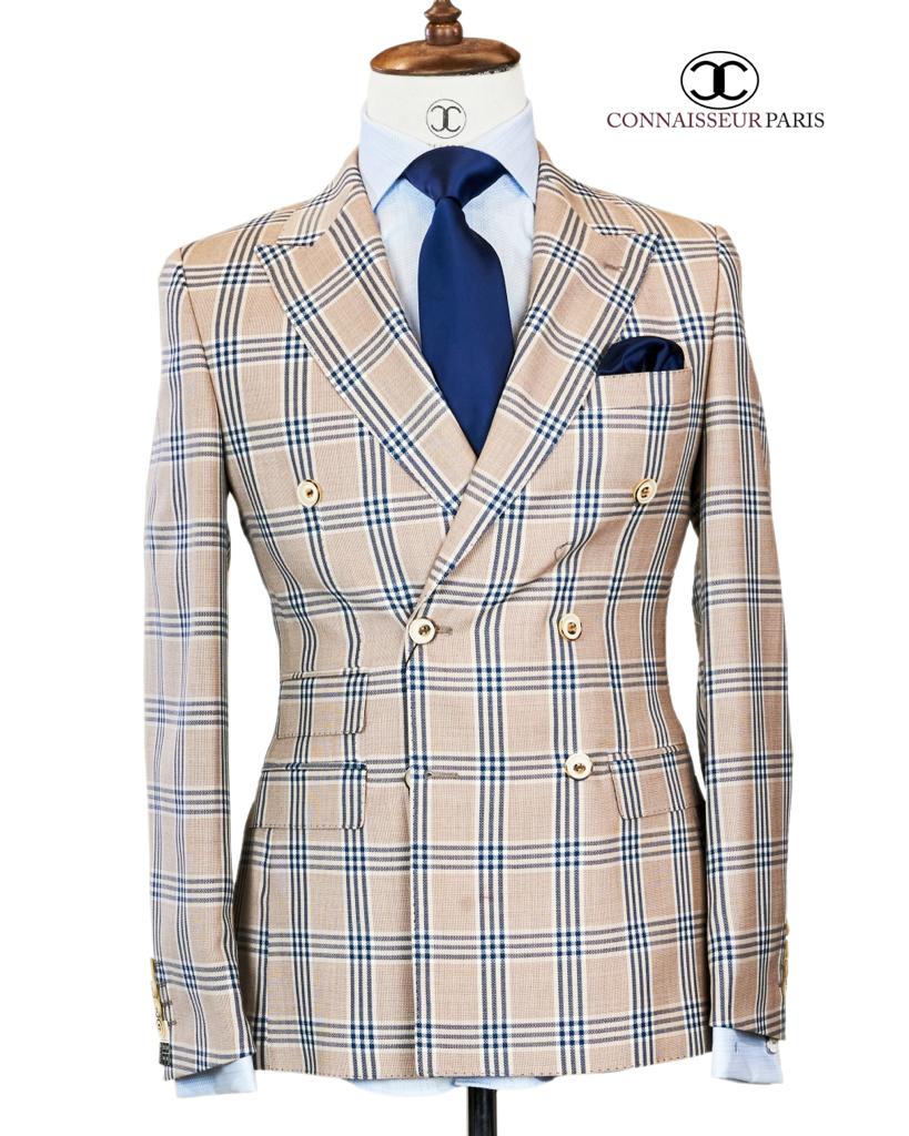 Cerruti - Cream with navy blue plaid double breasted 2-piece slim fit suit