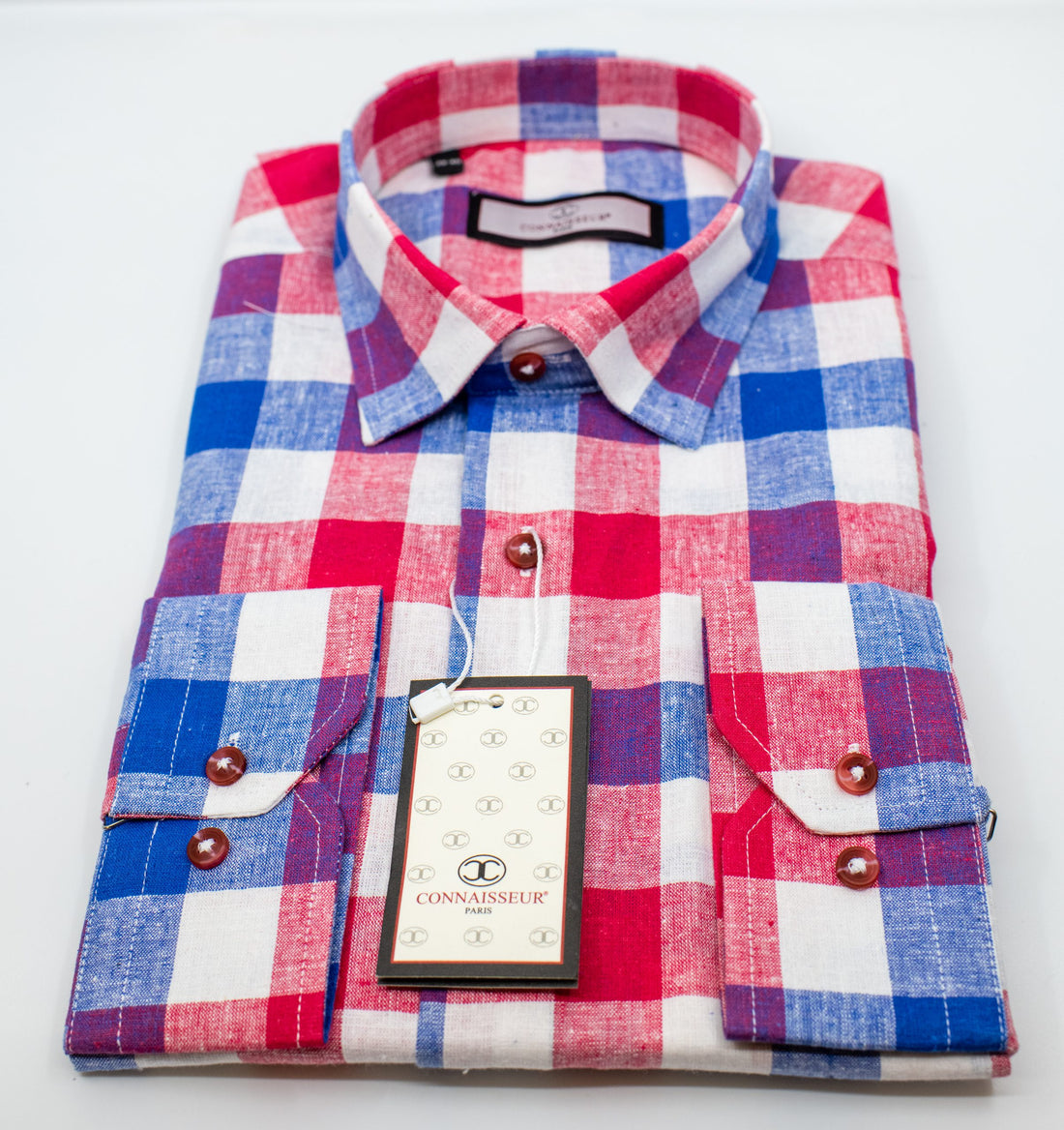 Connaisseur - Red Blue and White Buffalo check linen slim fit dress shirt