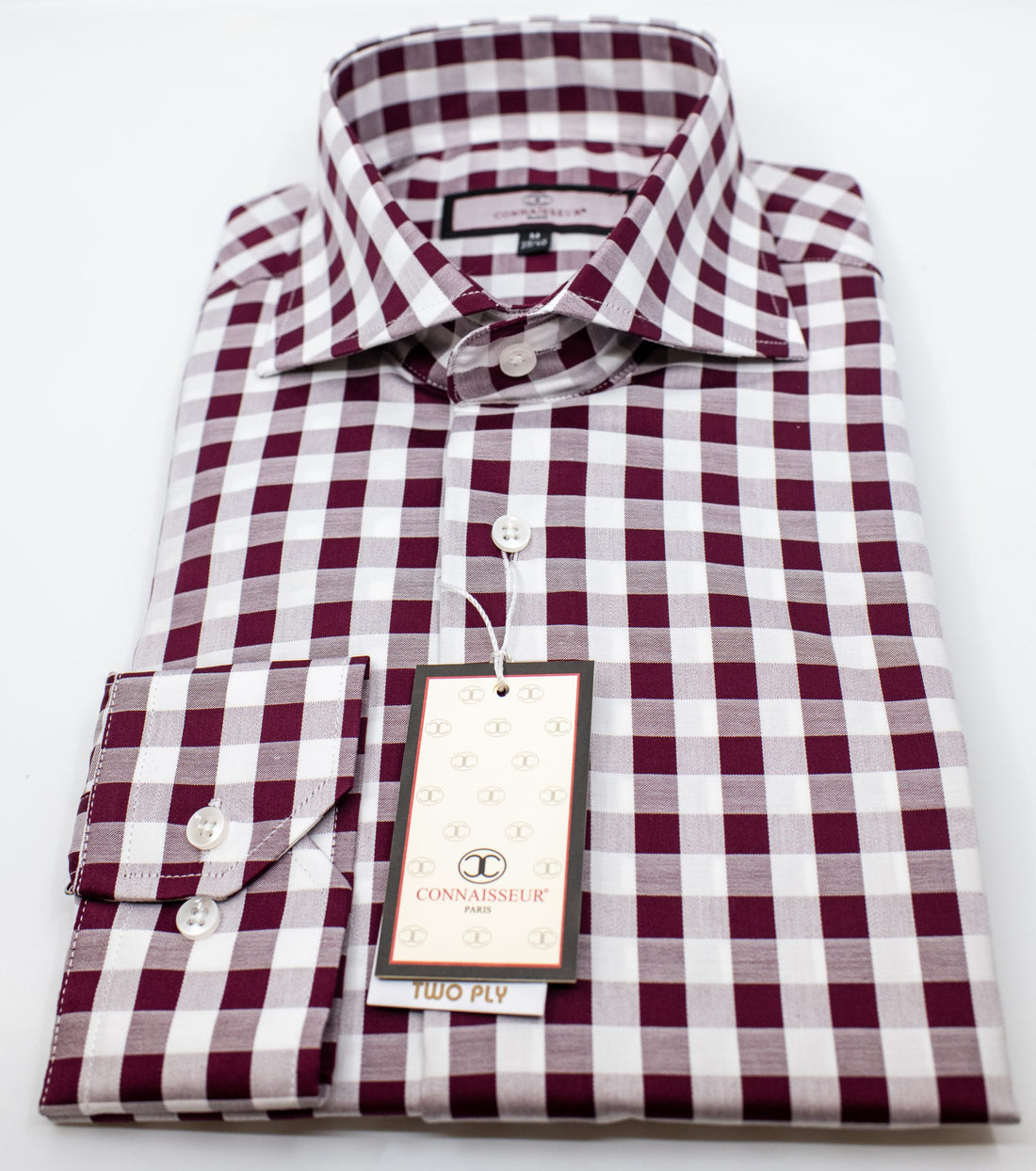 Burgundy and white Gingham check spread collar two ply cotton slim fit dress shirt