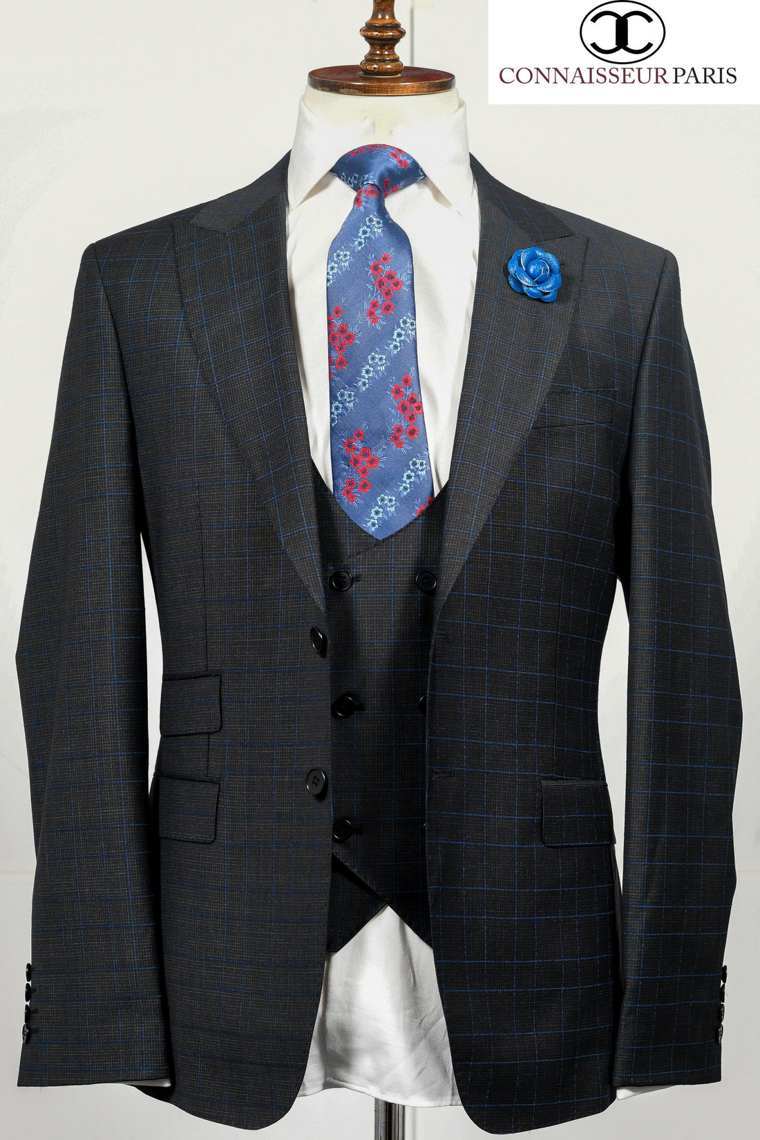 Connaisseur - Black with blue windowpane 3-piece slim fit suit with double breasted U vest