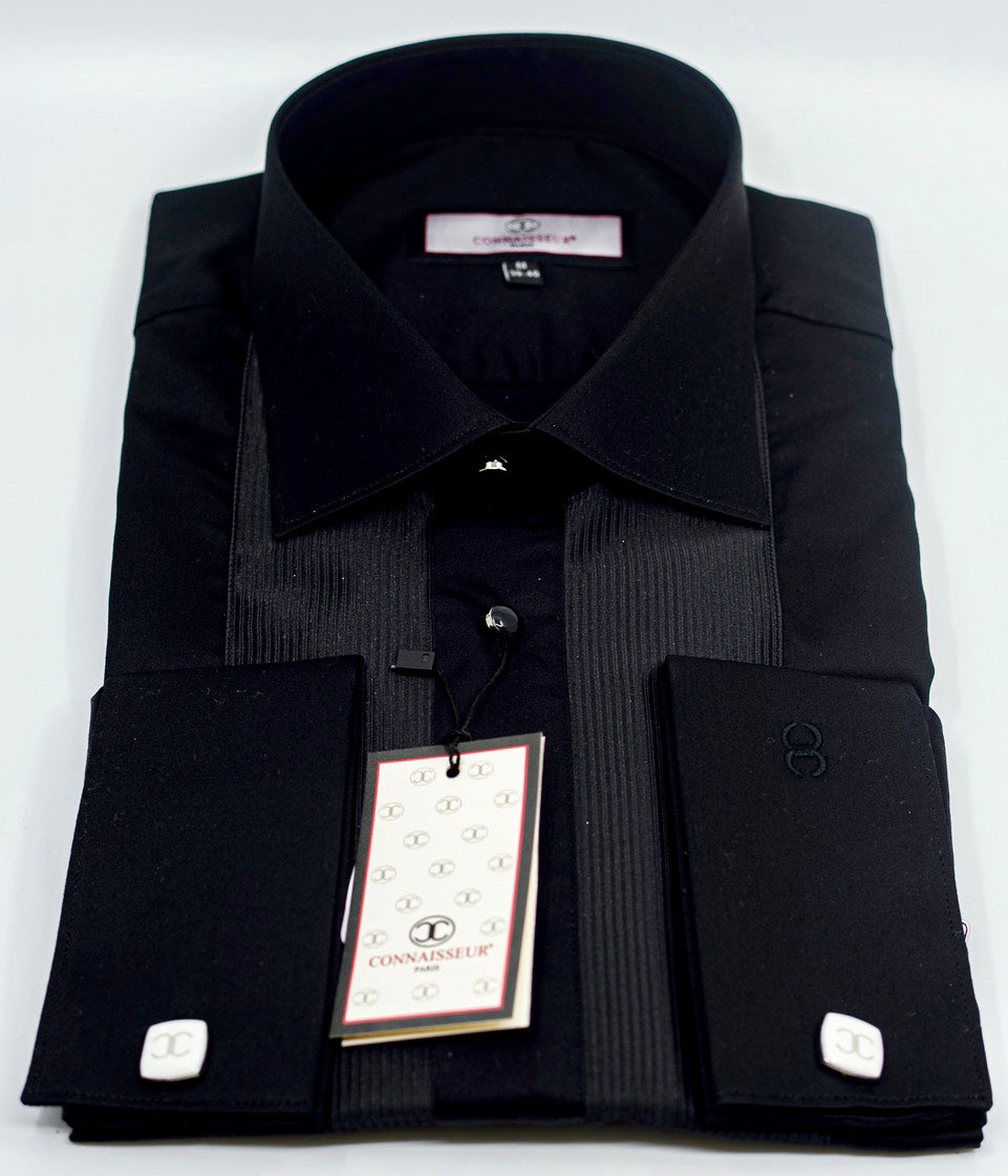 Ceremonial - Black pleated chest Slim Fit Shirt with black/silver stone buttons