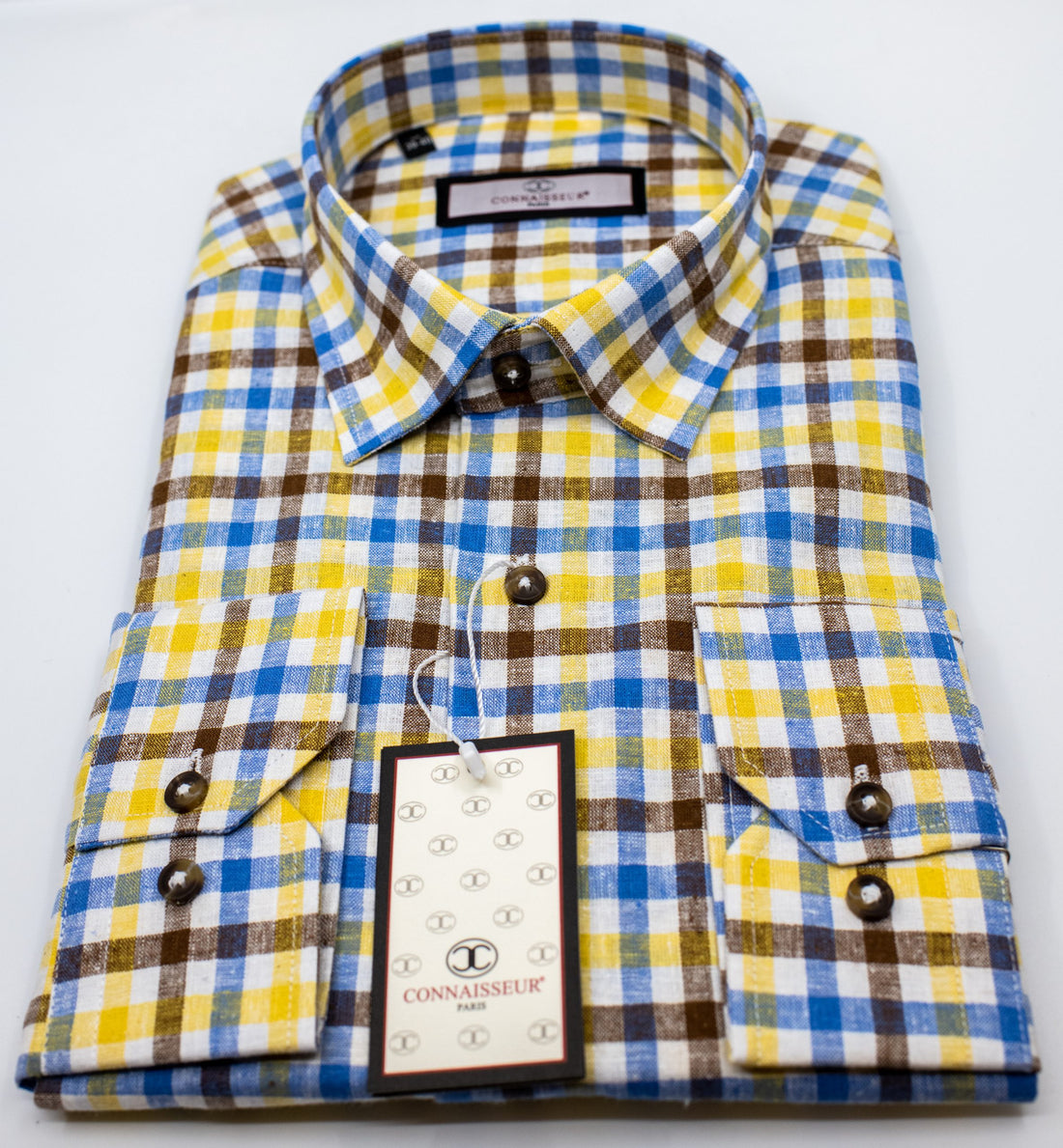 Connaisseur - Yellow Brown Blue check linen slim fit dress shirt