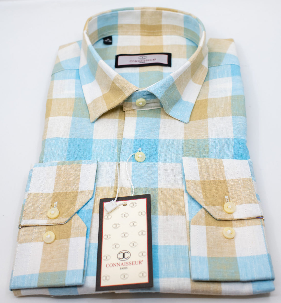 Connaisseur - Brown Turquoise and White Buffalo check linen slim fit dress shirt