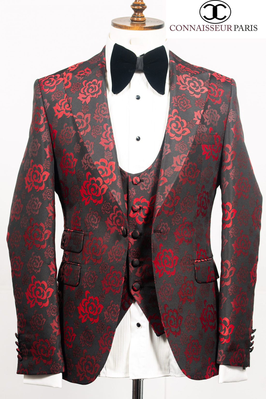 Connaisseur - Red and Black floral pattern 3-piece peaked lapel slim fit blazer with U vest