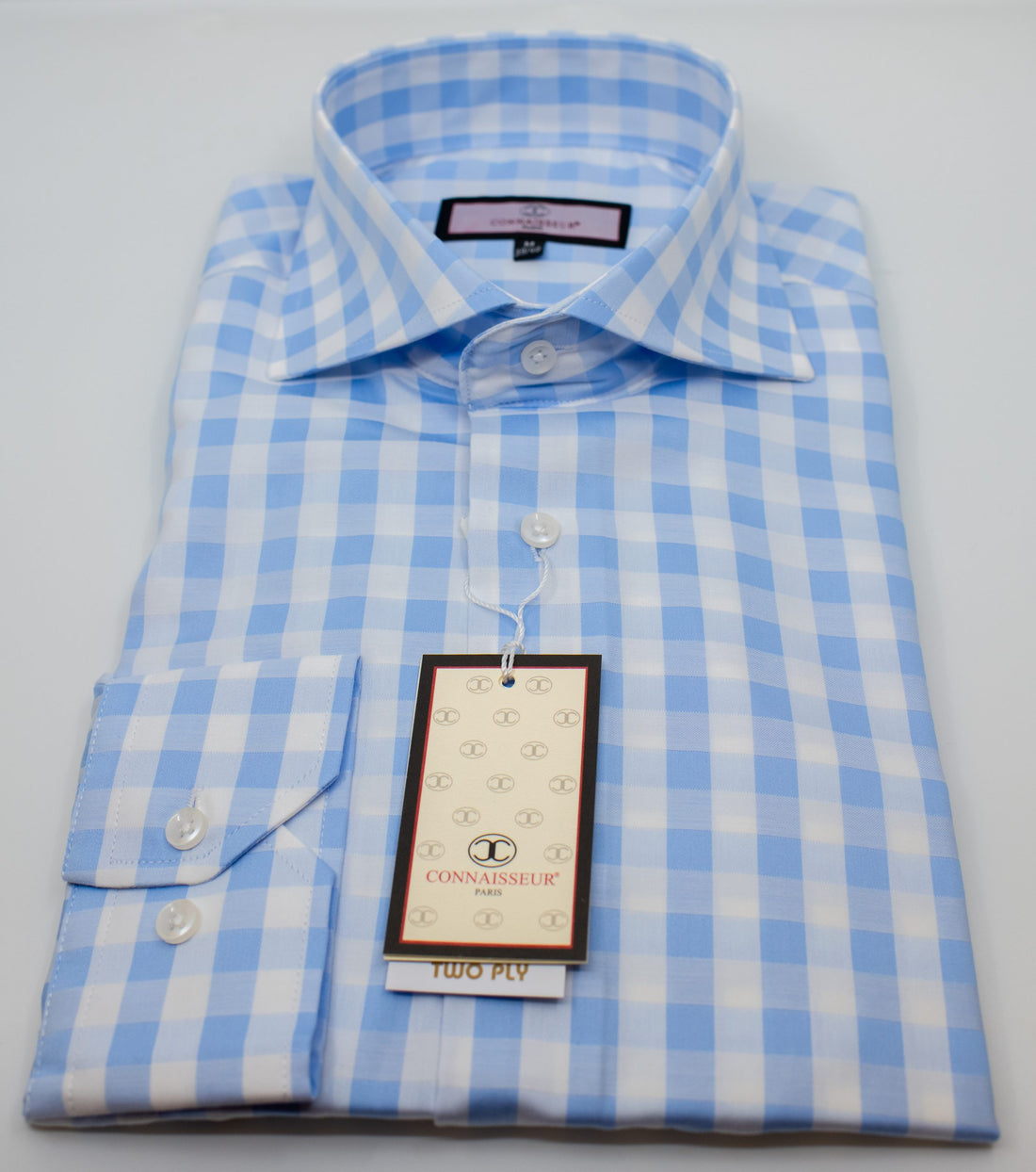 Sky blue and white Gingham check spread collar two ply cotton slim fit dress shirt