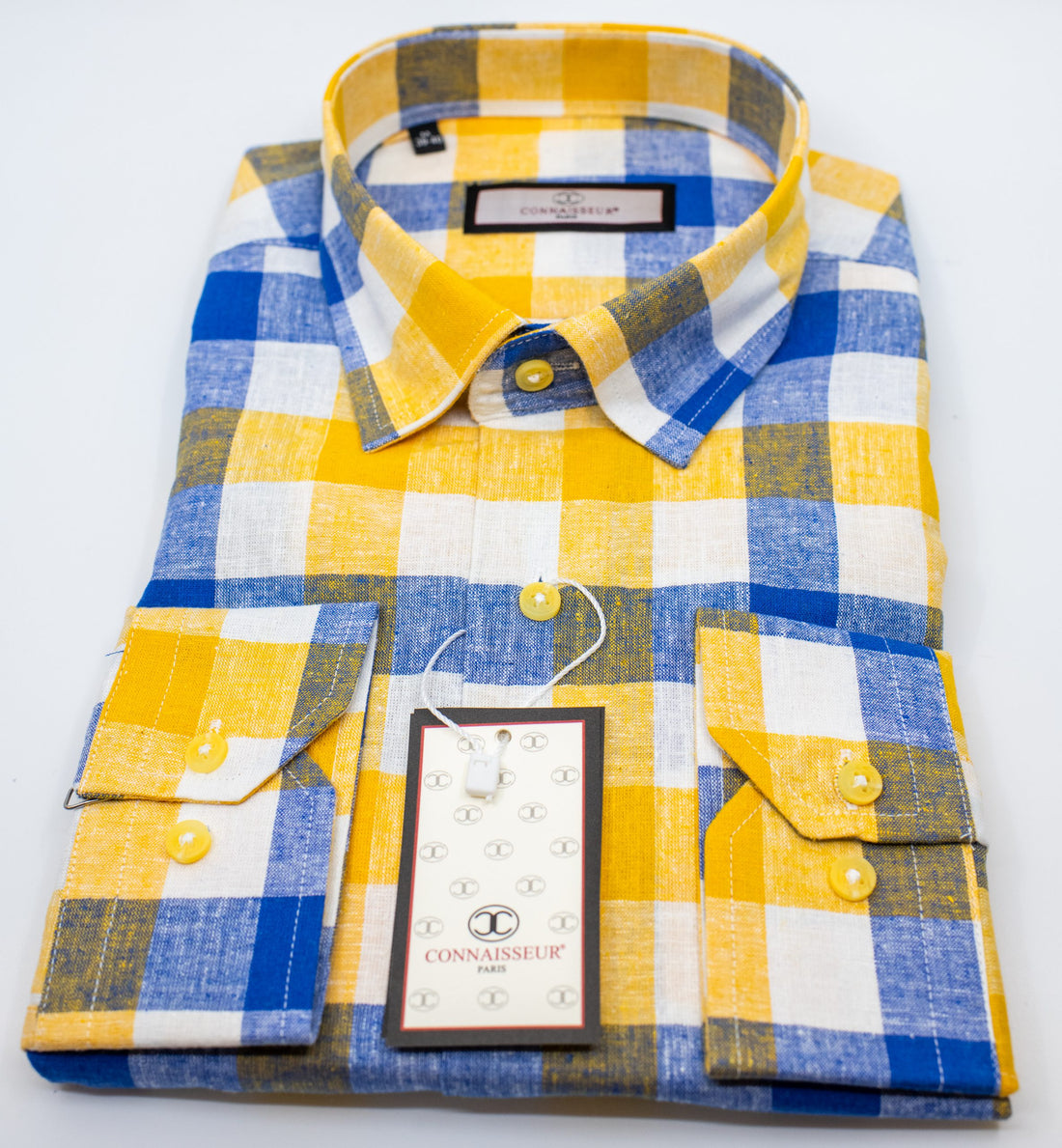 Connaisseur - Yellow blue and White Buffalo check linen slim fit dress shirt