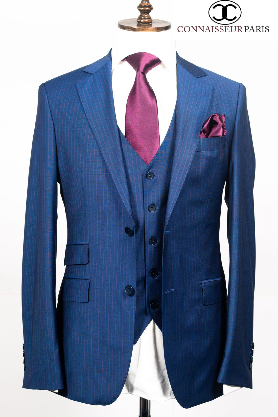 Connaisseur  - Blue with fuchsia pinstriped 3-piece slim fit suit and V vest