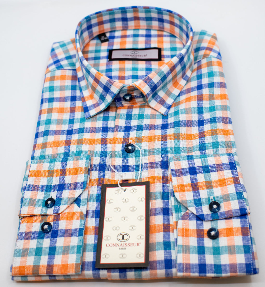 Connaisseur - Blue slim fit dress shirt with double button Italian collar