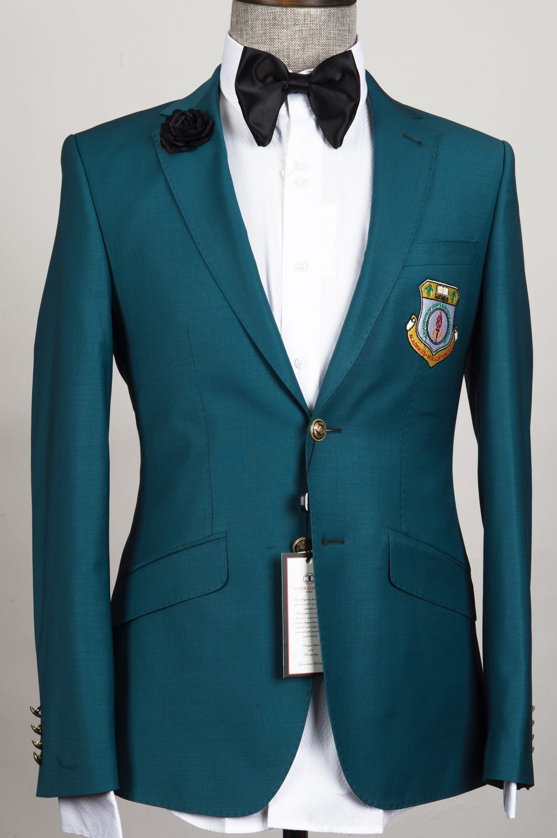 Connaisseur - Green slim fit blazer with gold/black metal buttons and batch embroidery