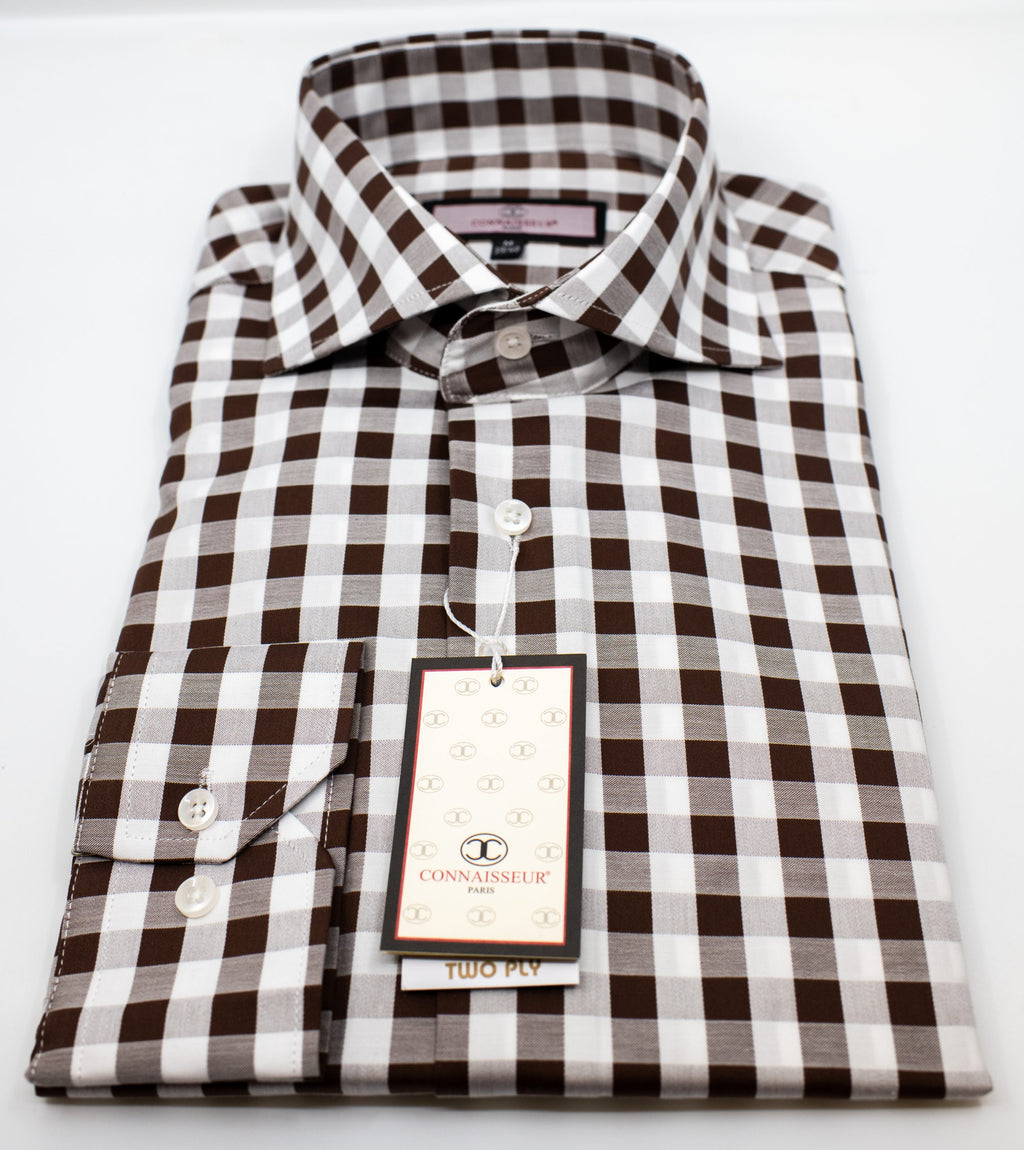 Coffee brown and white Gingham check spread collar two ply cotton slim – Connaisseur Paris