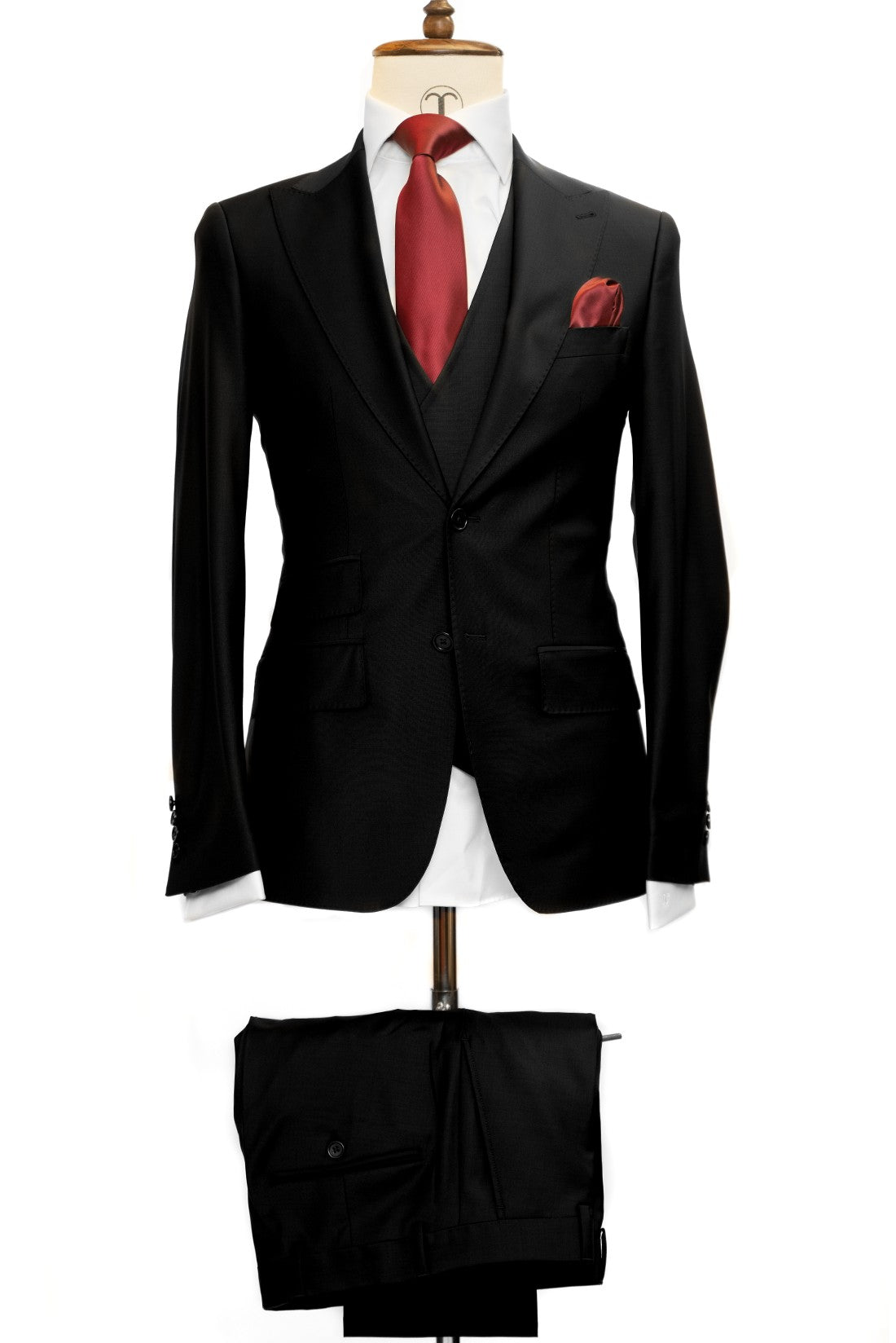 Lanificio Mario - Black 3-piece slim fit suit with double breasted V vest.