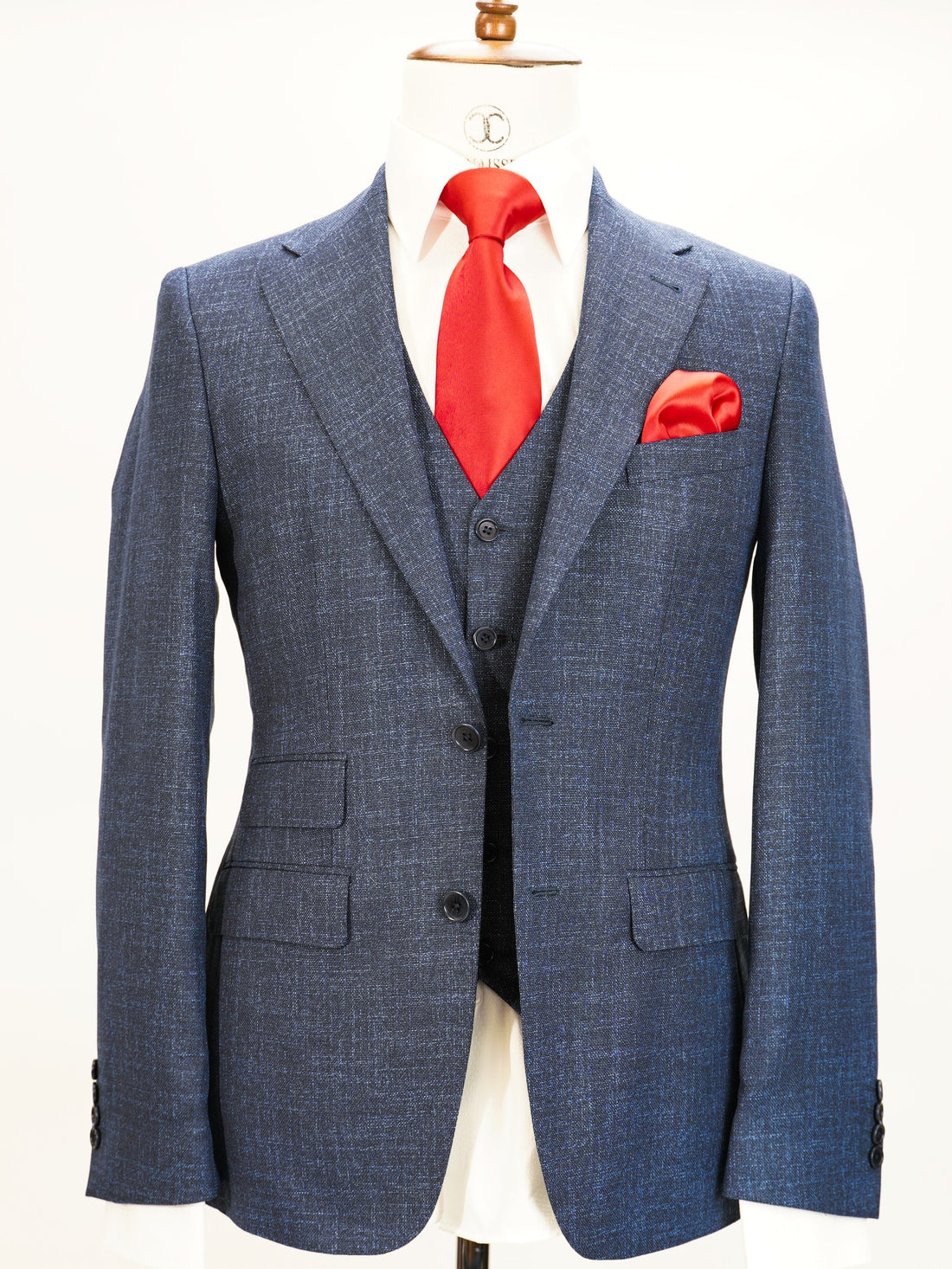 Loro Piana - Dark Blue tweed classic 3-piece slim fit suit with V vest