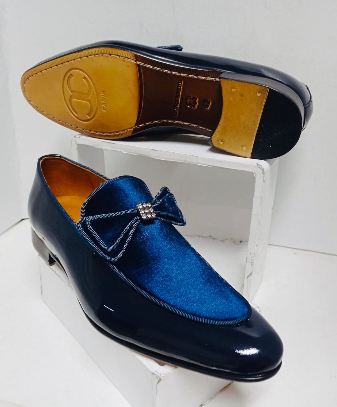 Connaisseur - Navy blue patent leather with blue velvet upper and bow tie detail on instep dress loafer