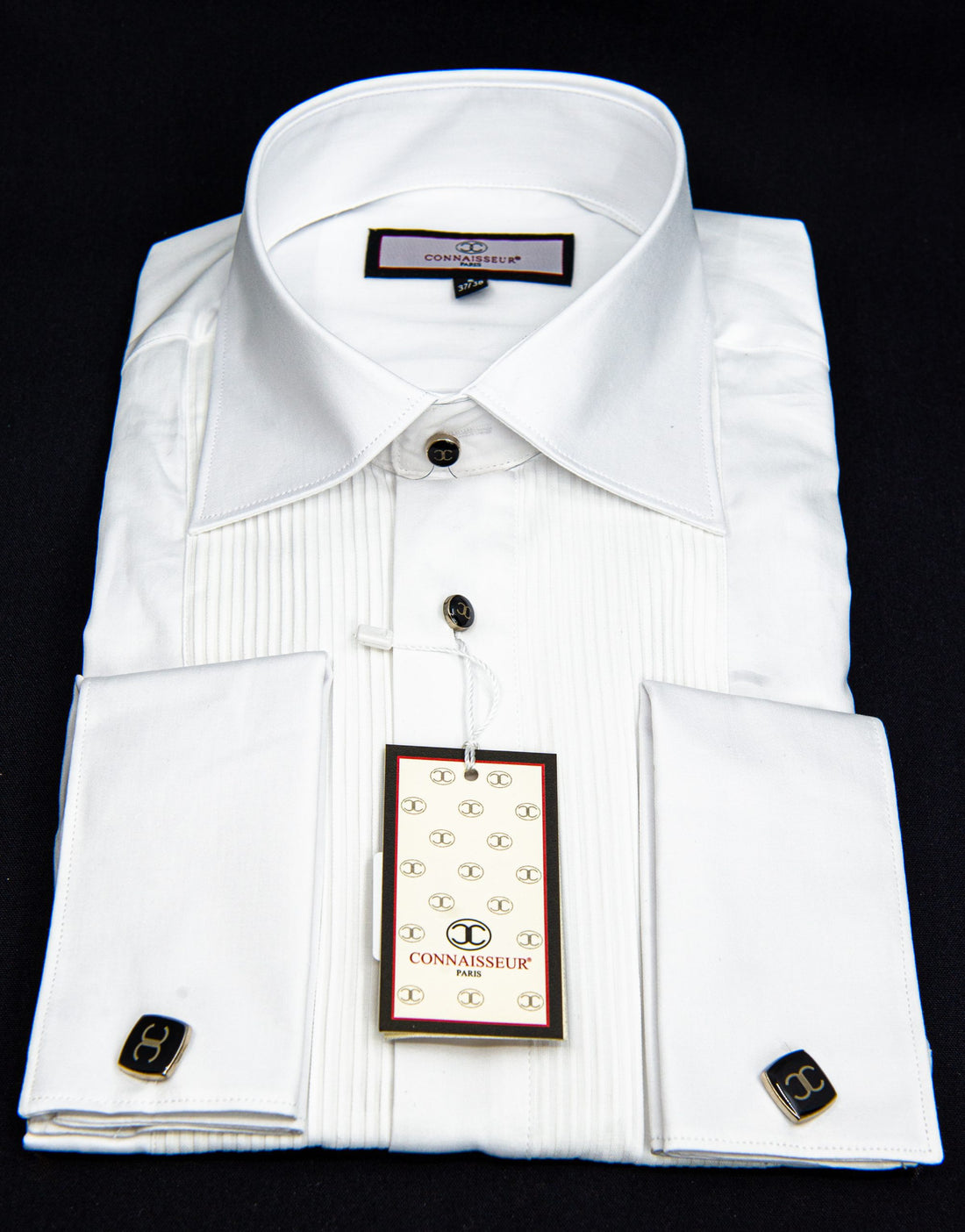 Ceremonial - White ceremonial chest pleated Slim Fit dress Shirt with and black stone buttons