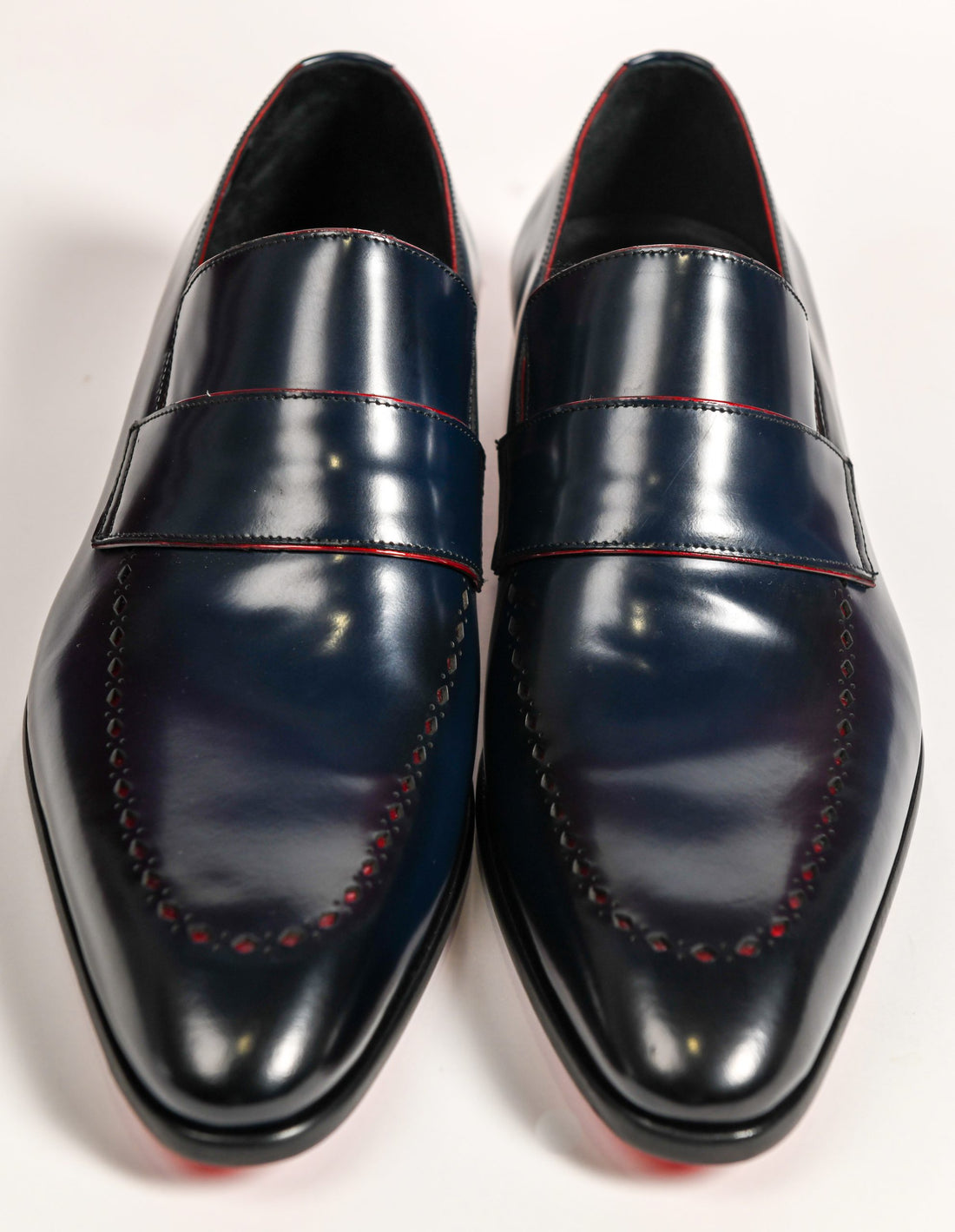 Connaisseur - Navy blue patent leather with red piping dress loafer