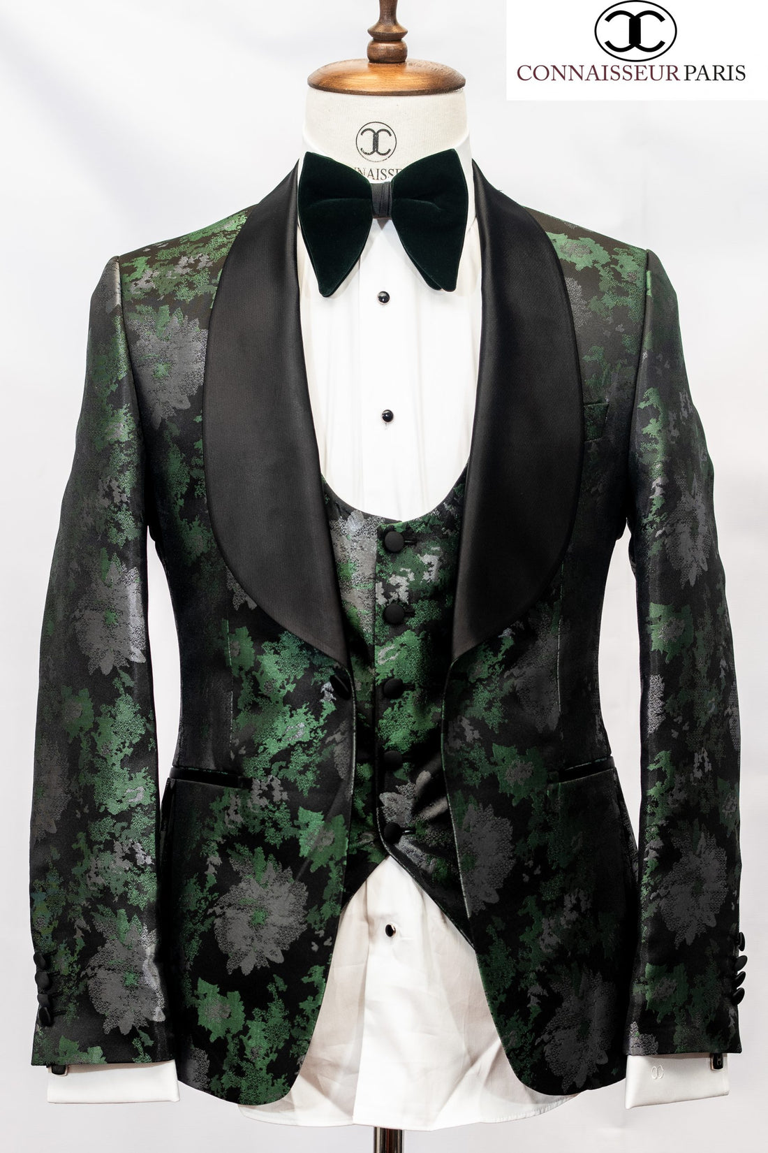 Connaisseur - Green with grey and black floral pattern 3-piece slim fit shawl lapel tux with U vest